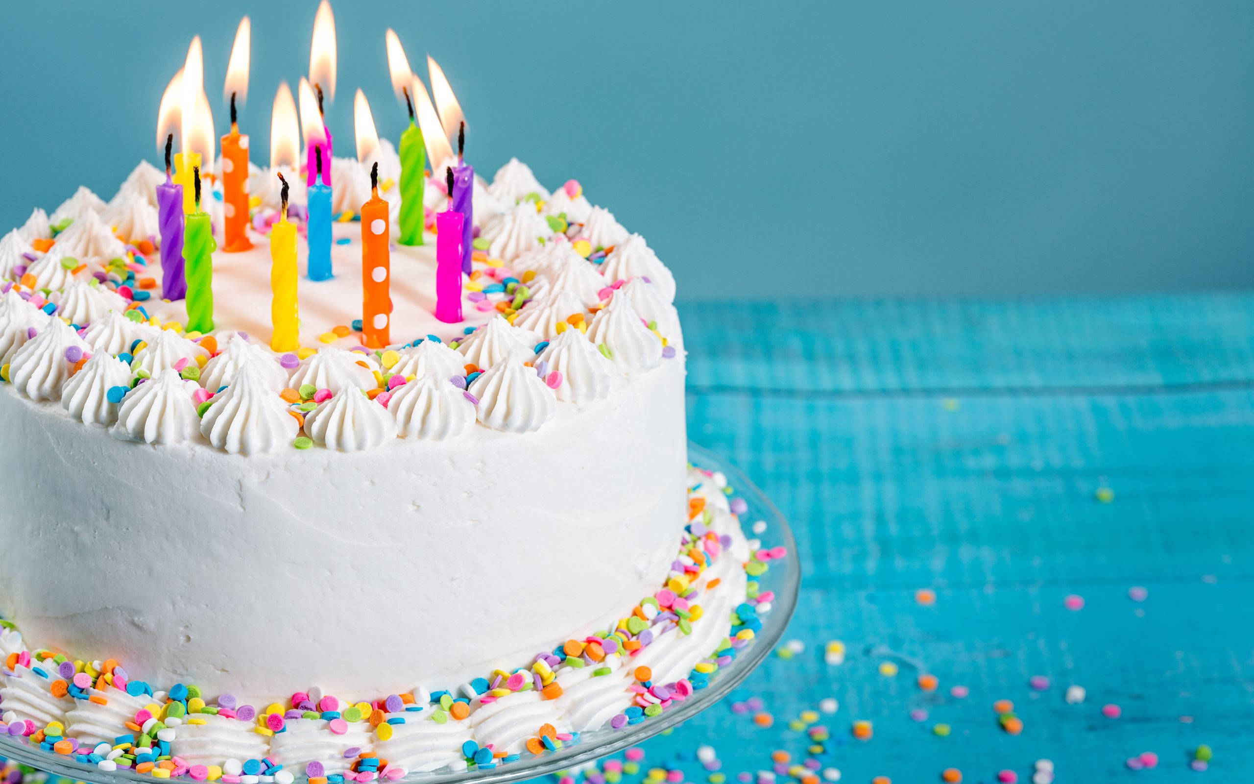 white birthday cake, colorful candles, sprinkles, 2K Desktop Wallpaper