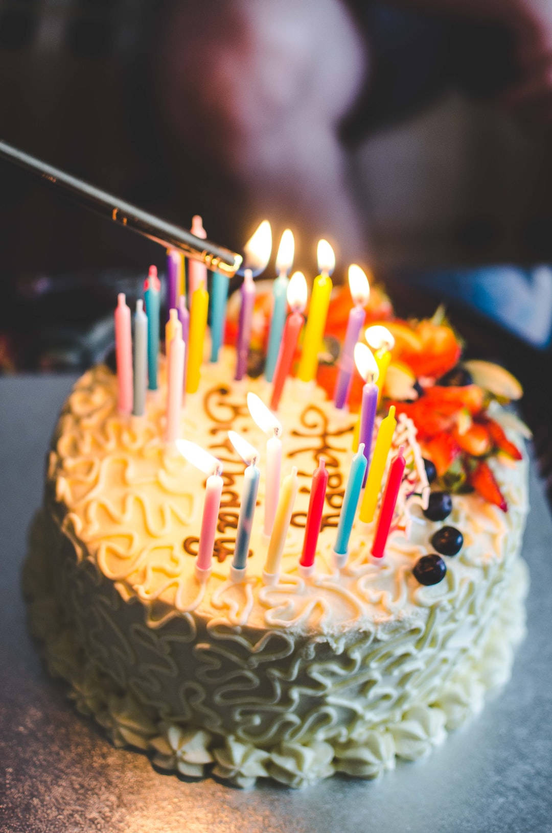 birthday cake, colorful candles, fresh fruit toppings, HD Phone Wallpaper