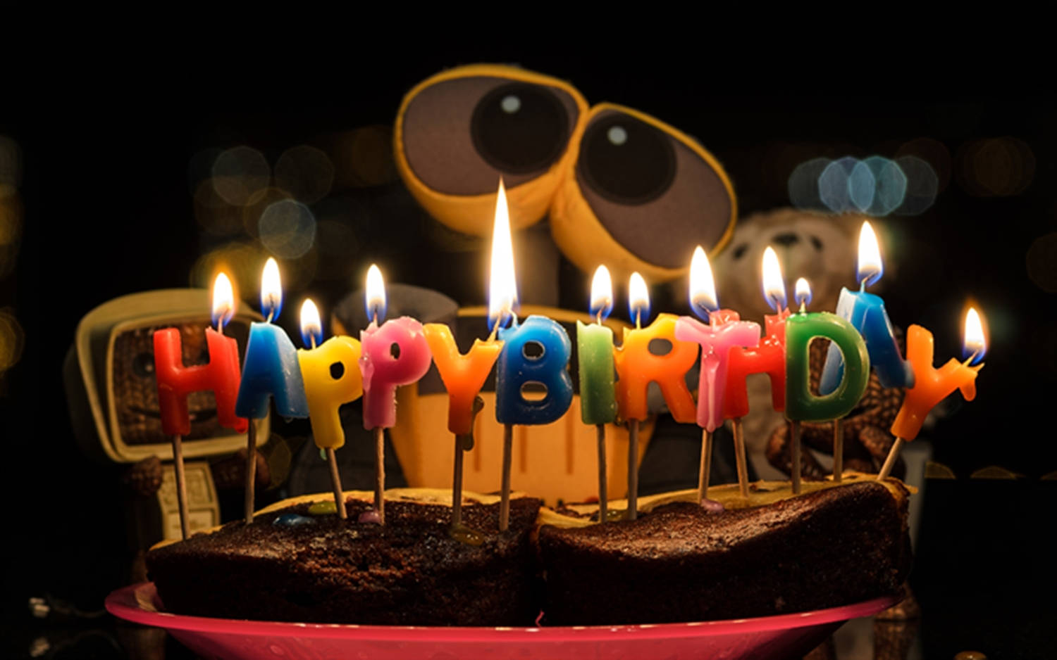 Wall-E, chocolate birthday cake, colorful 'HAPPY BIRTHDAY' candles, HD Desktop Wallpaper