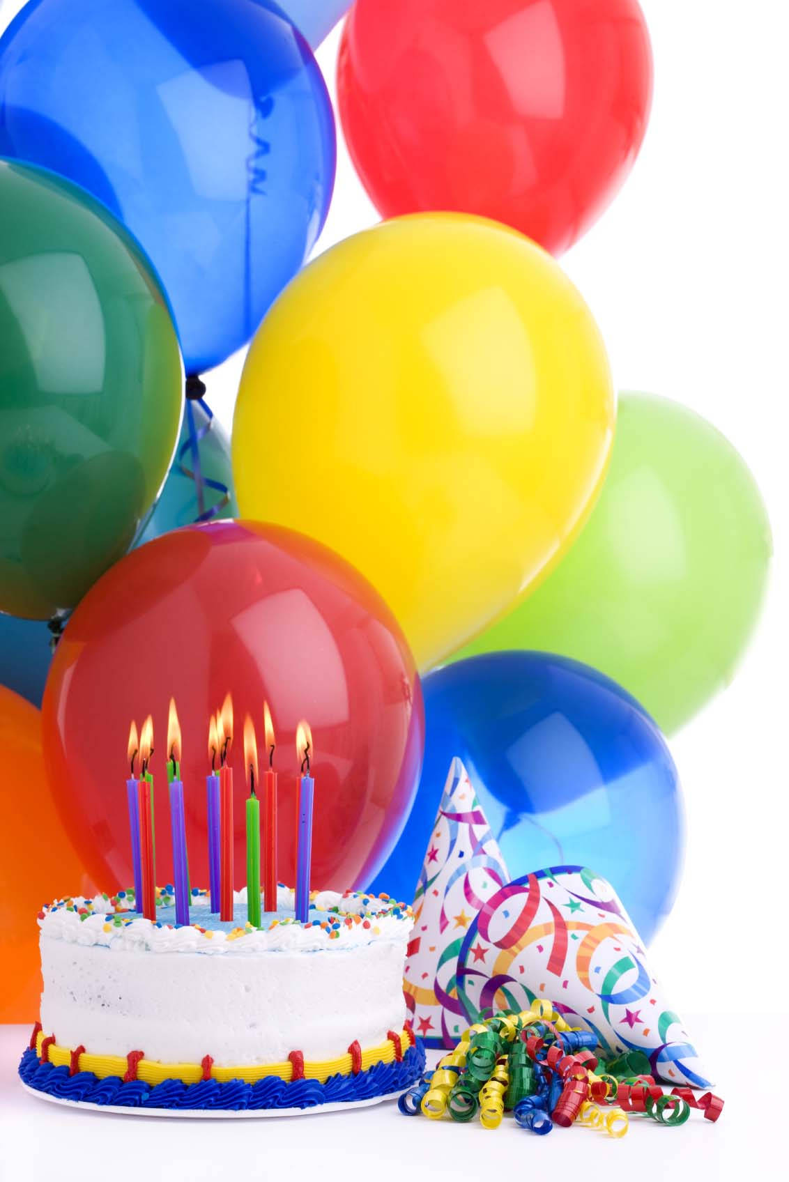 white birthday cake, lit candles, colorful balloons, HD Phone Wallpaper