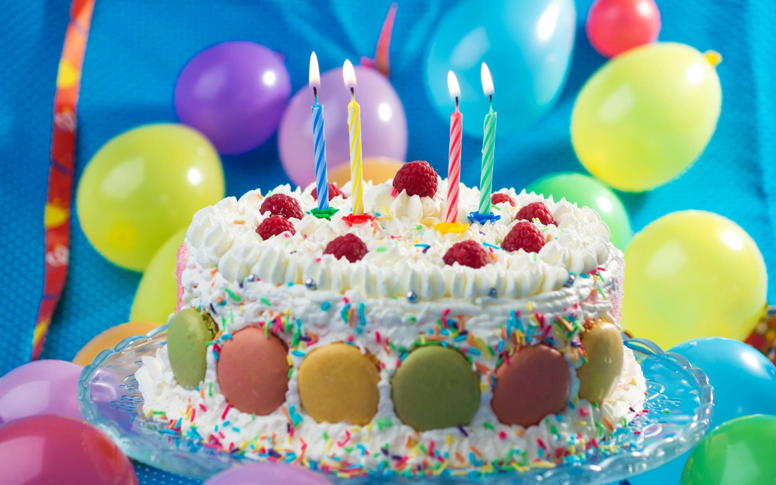 macaron, strawberry birthday cake, raspberries, 2K Desktop Wallpaper