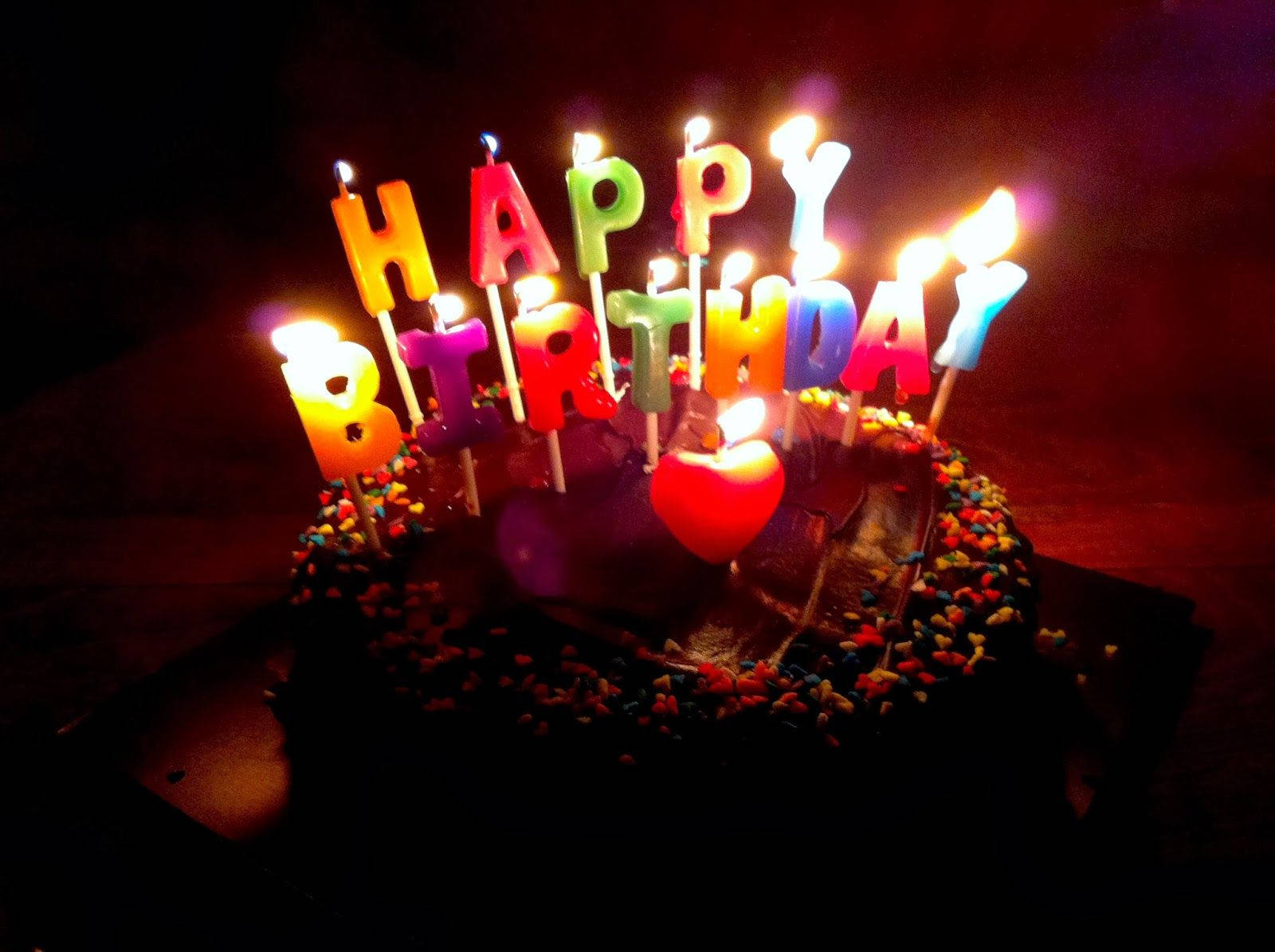 black chocolate birthday cake, shimmering candles, heart candle, HD Desktop Wallpaper