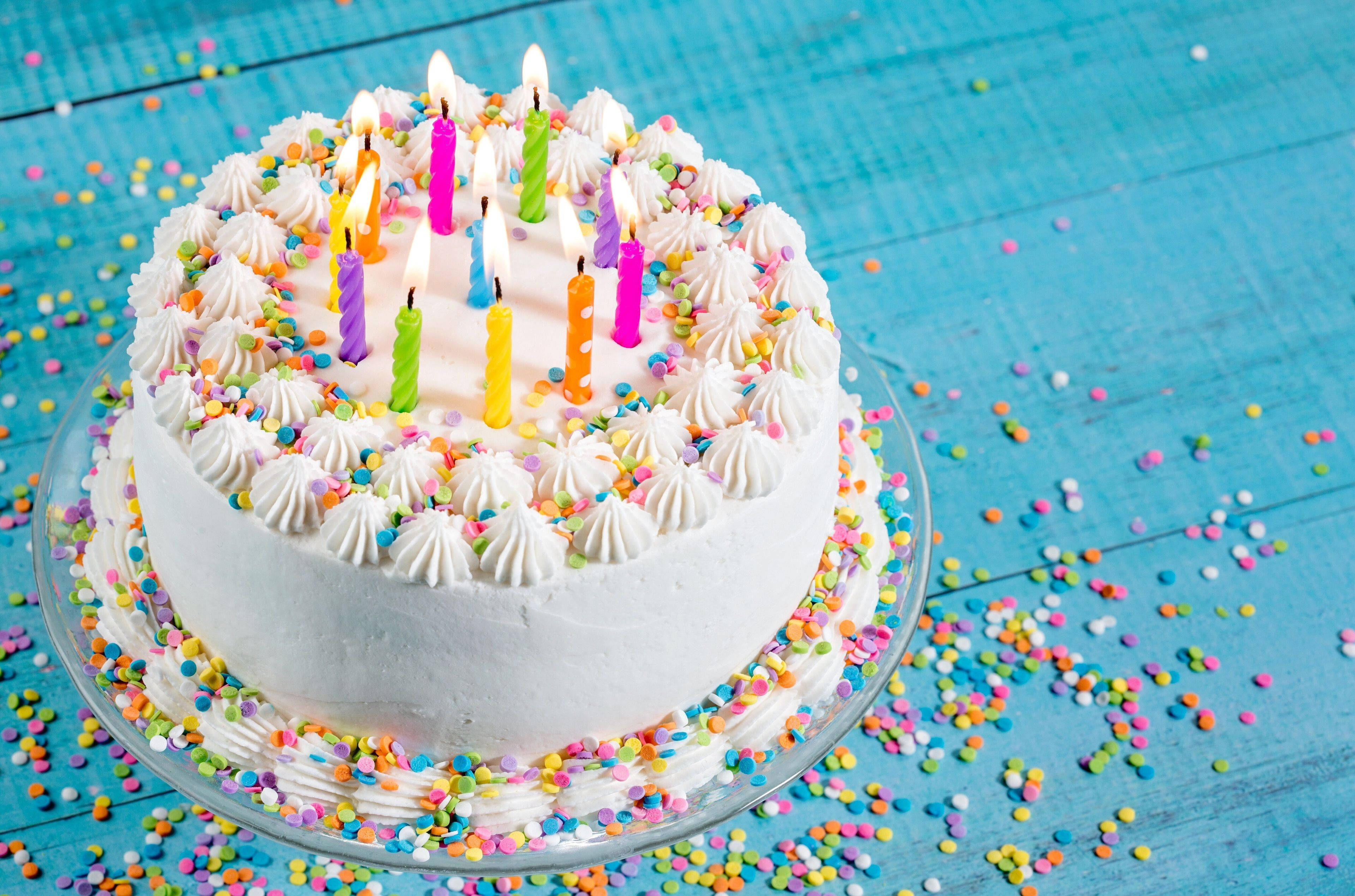 white sprinkles birthday cake candles, white frosting, colorful candles, 4K Desktop Wallpaper