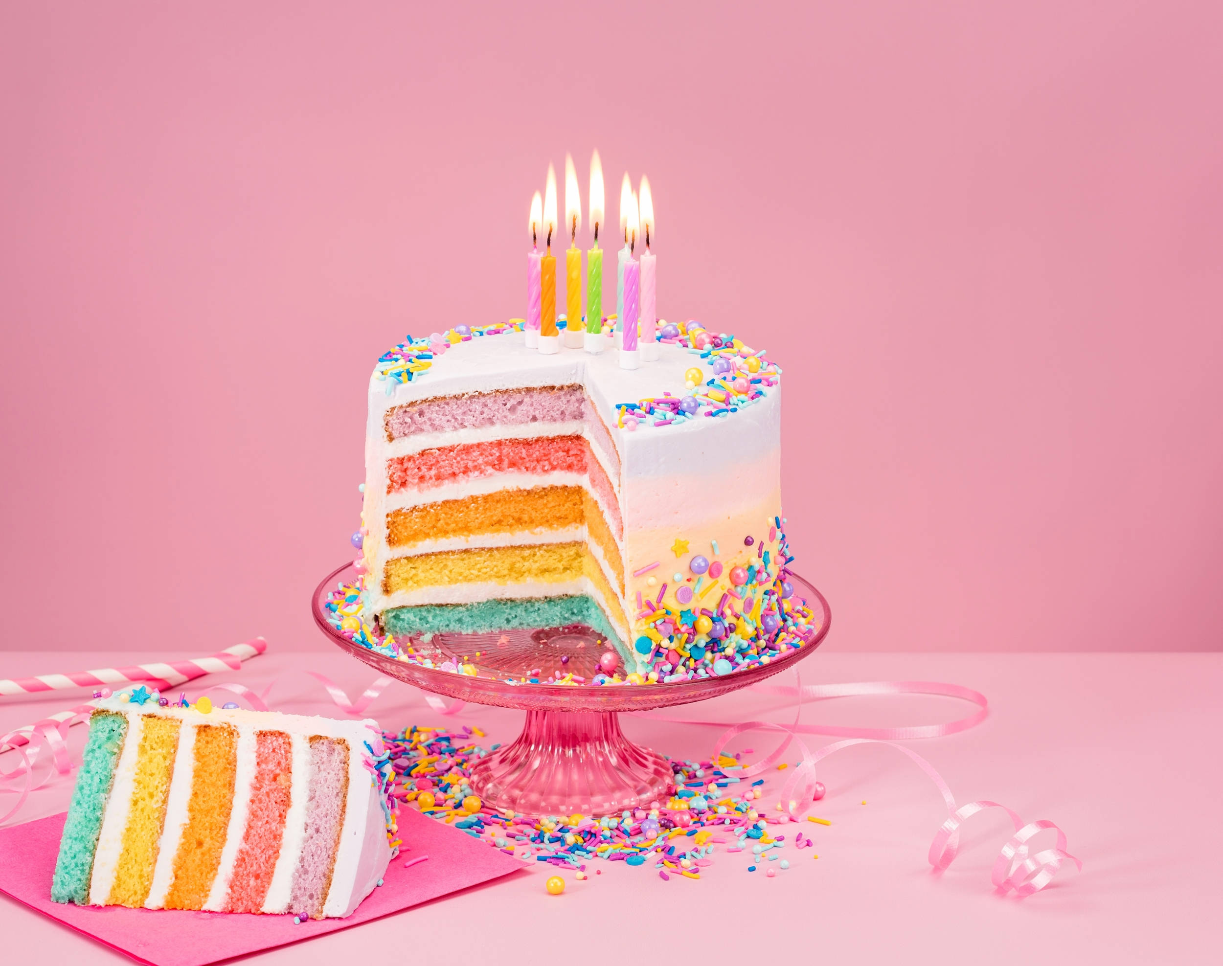 pastel birthday cake, rainbow-layered birthday cake, lit candles, Full HD Desktop Wallpaper