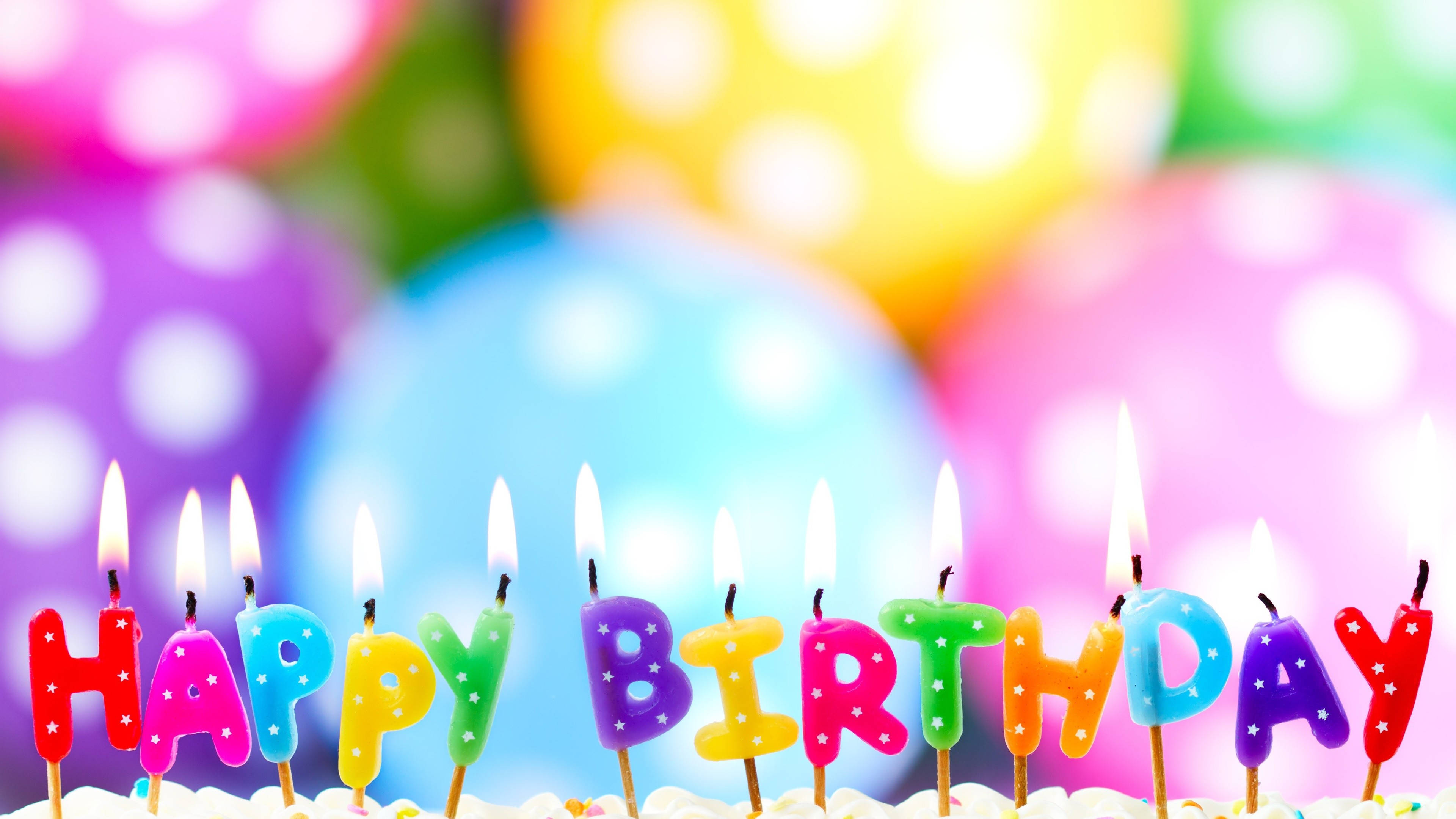 Colorful Balloons Birthday Cake Candles, happy birthday, frosted cake, 4K Desktop Wallpaper