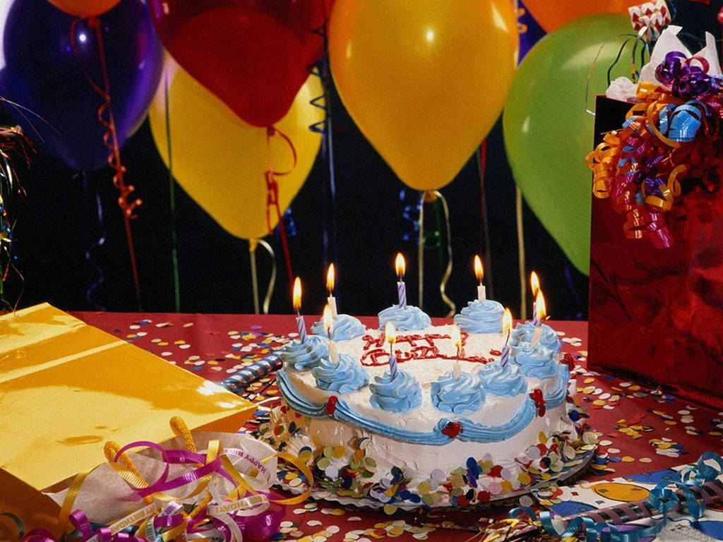 birthday cake, lit candles, blue frosting, SD Desktop Wallpaper