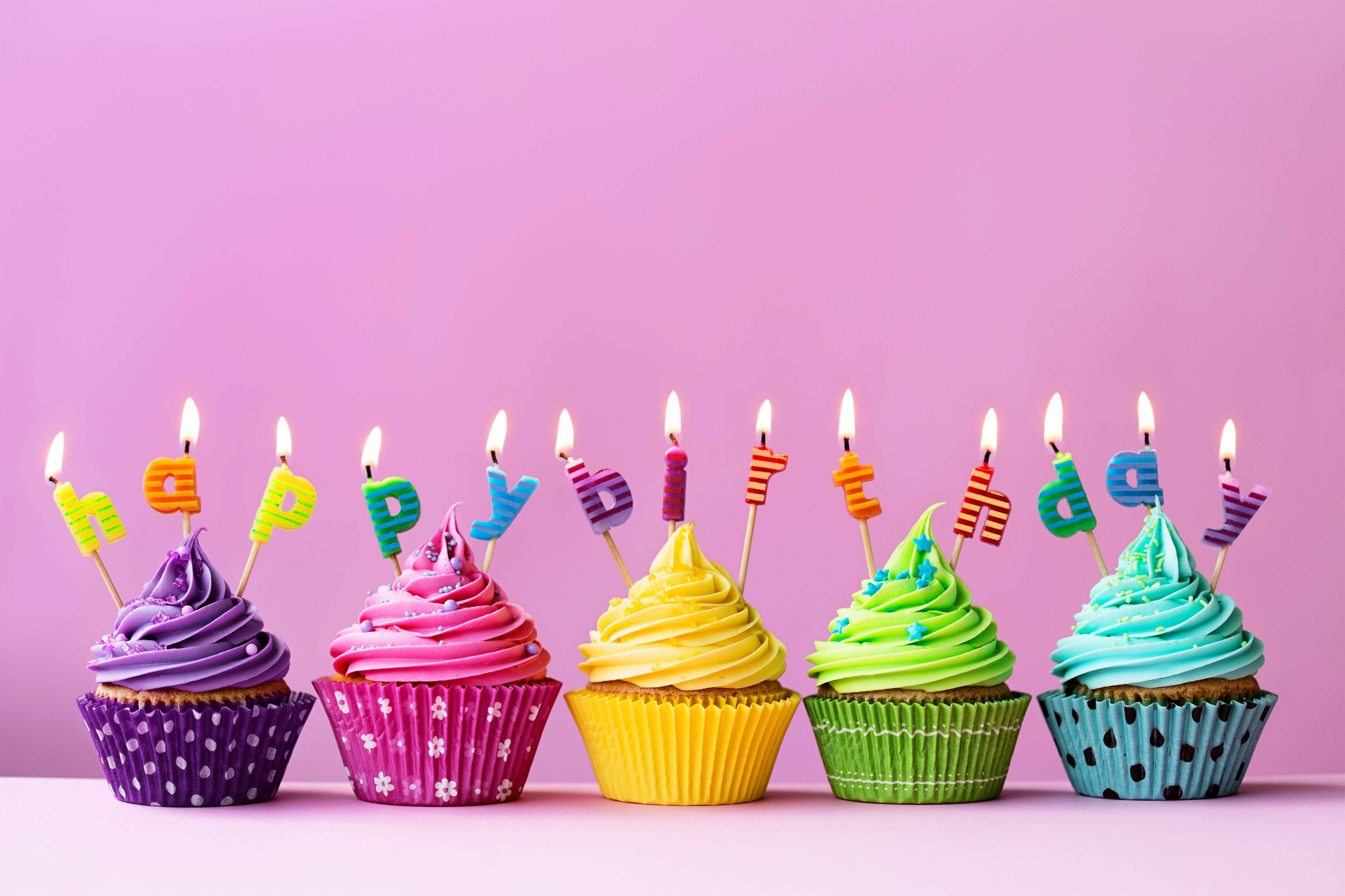 violet pastel birthday cake candles, happy birthday, five colorful cupcakes, 4K Desktop Wallpaper