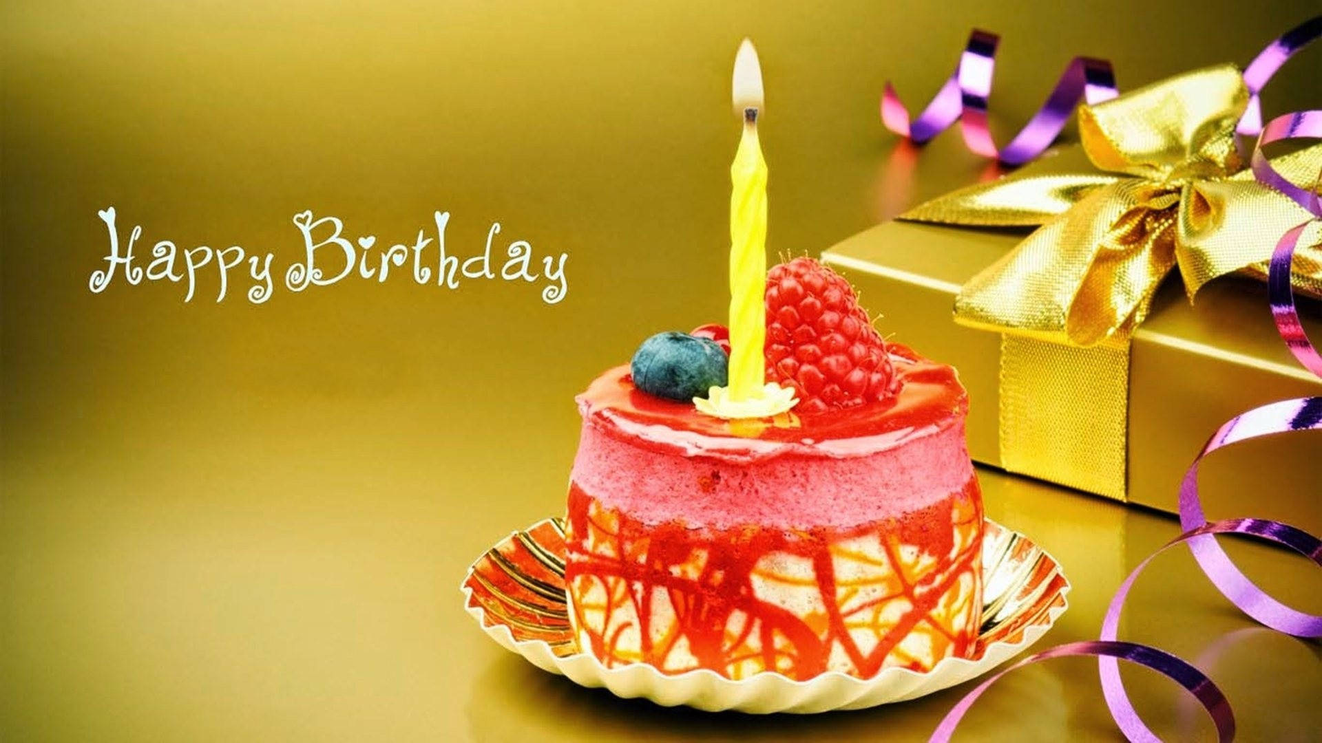 fancy gold birthday cake candles, golden gift box, purple ribbons, Full HD Desktop Wallpaper