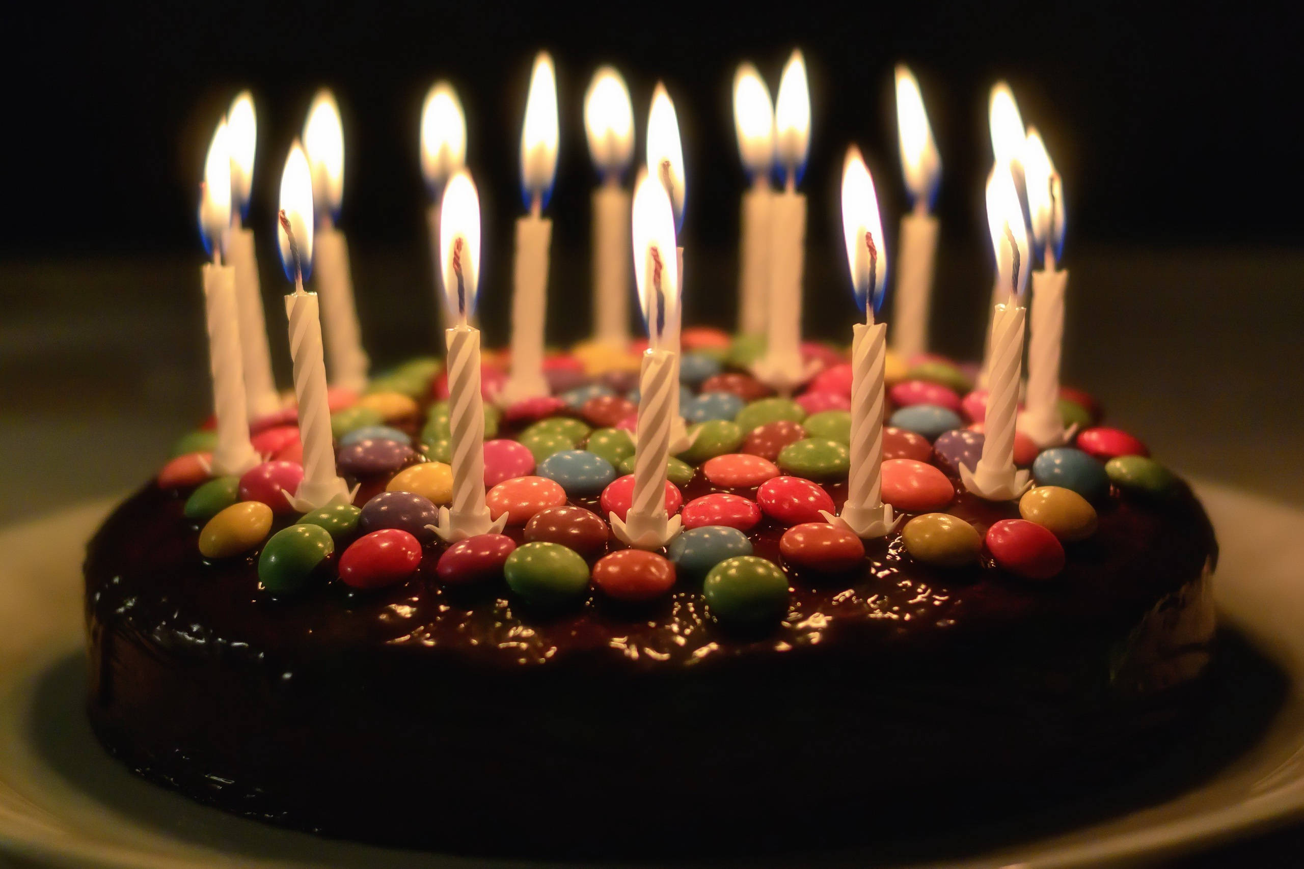 chocolate buttons, birthday cake candles, rich chocolate cake, 2K Desktop Wallpaper