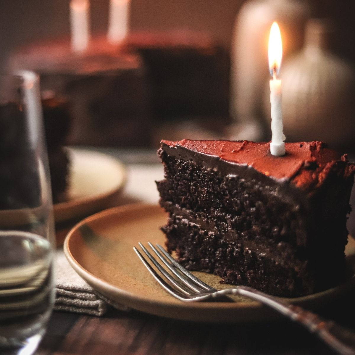 birthday chocolate cake, lit candle, plate, SD Desktop Wallpaper