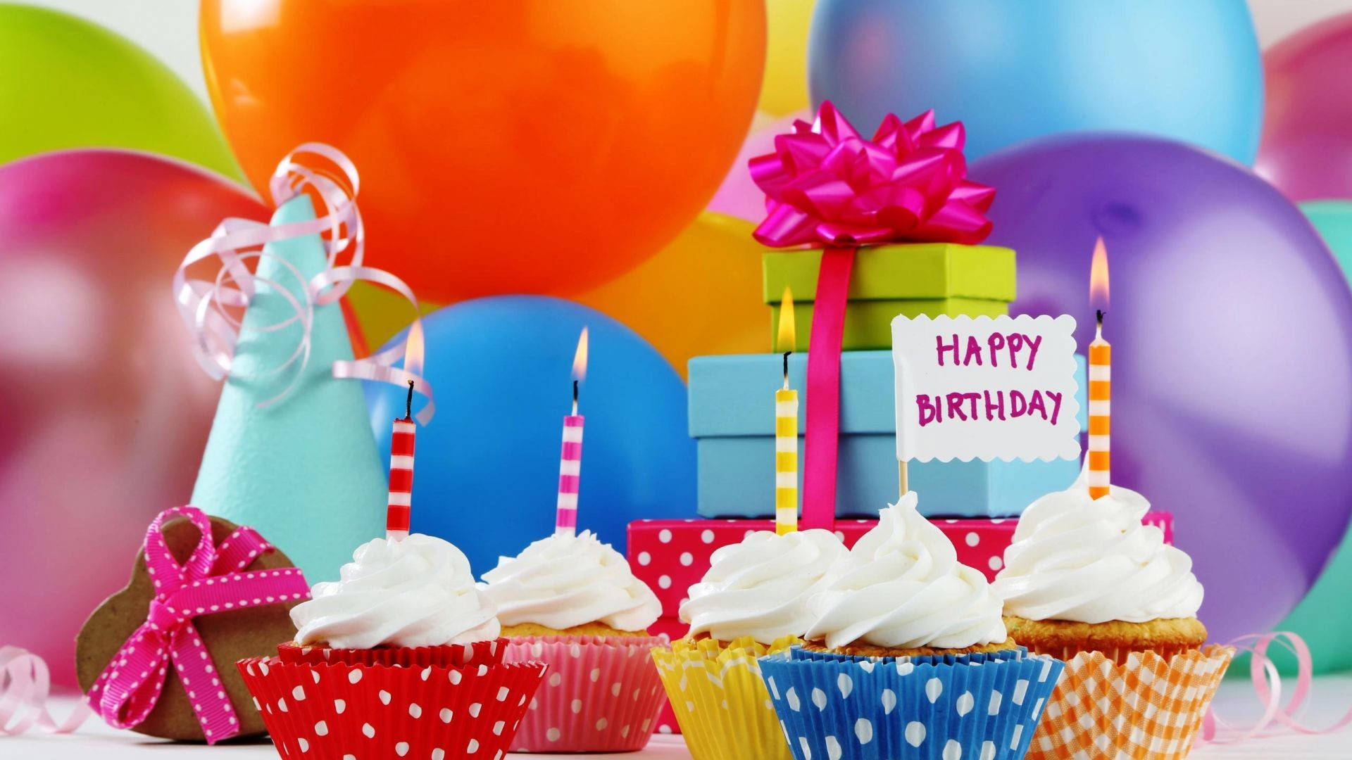 Birthday Cake Candles, colorful cupcakes, lit candles, Full HD Desktop Wallpaper