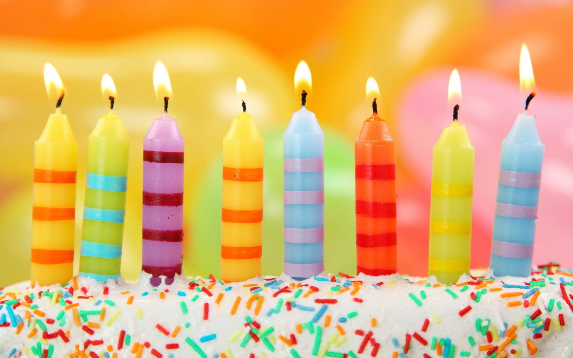 Colorful Stripes Birthday Cake Candles, vibrant striped birthday candles, cake dusted with colorful sprinkles, Full HD Desktop Wallpaper