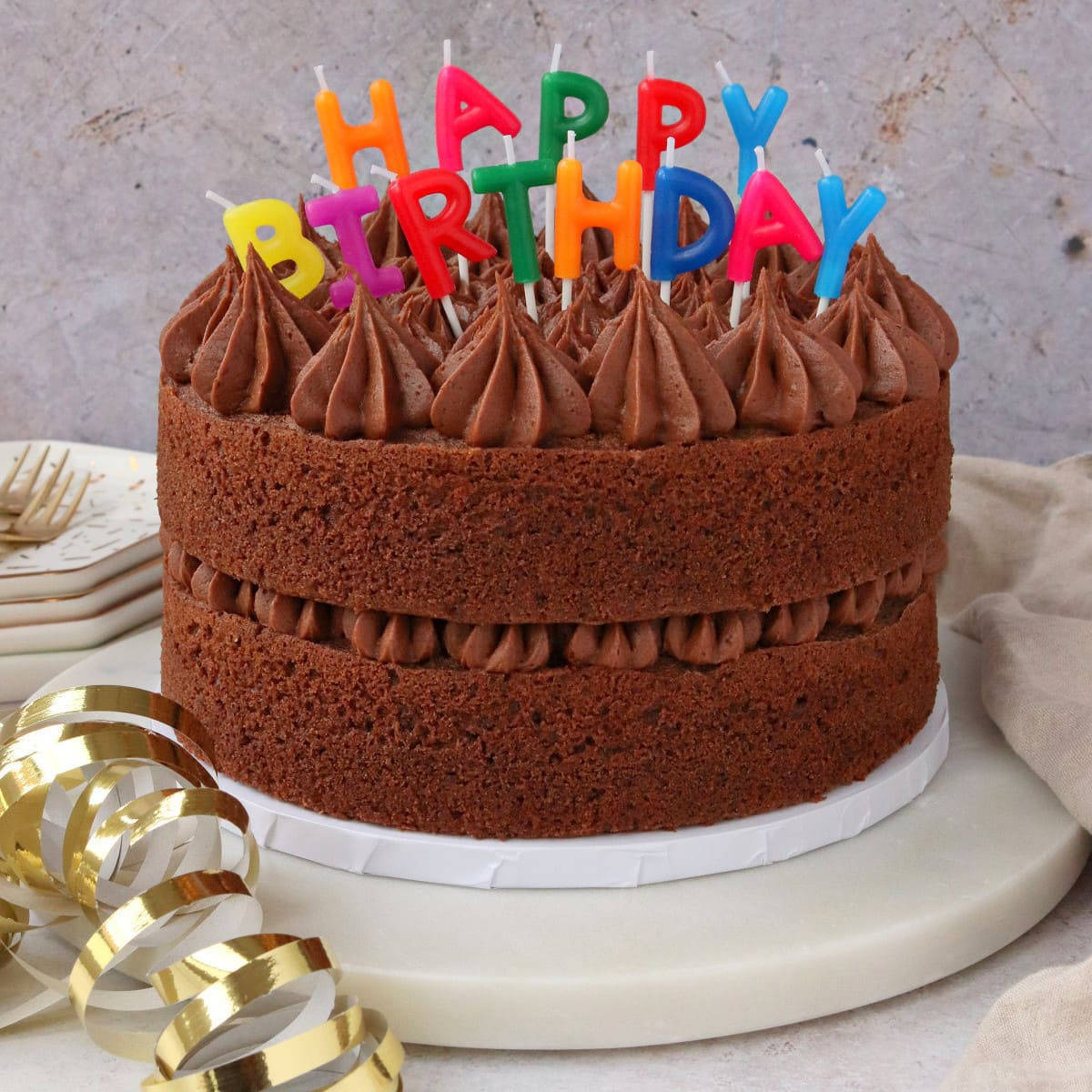 birthday chocolate cake, colorful letter candles, white stand, SD Desktop Wallpaper