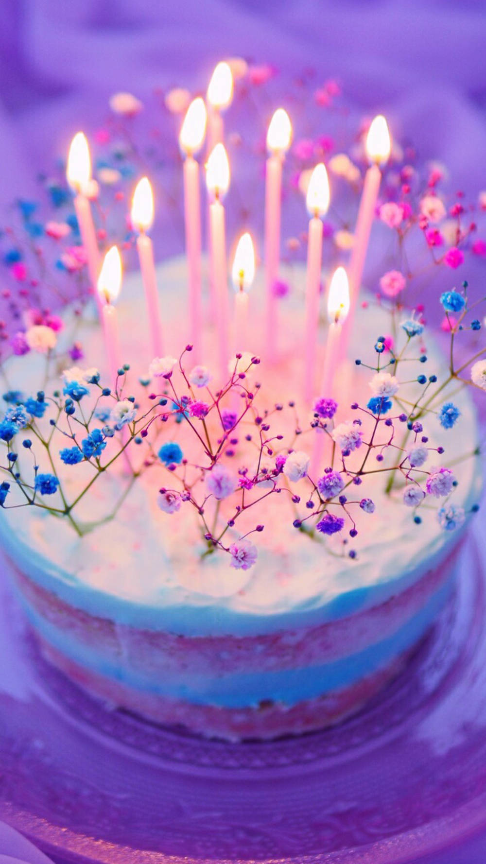 birthday cake, glowing candles, colorful baby's breath flowers, HD Phone Wallpaper