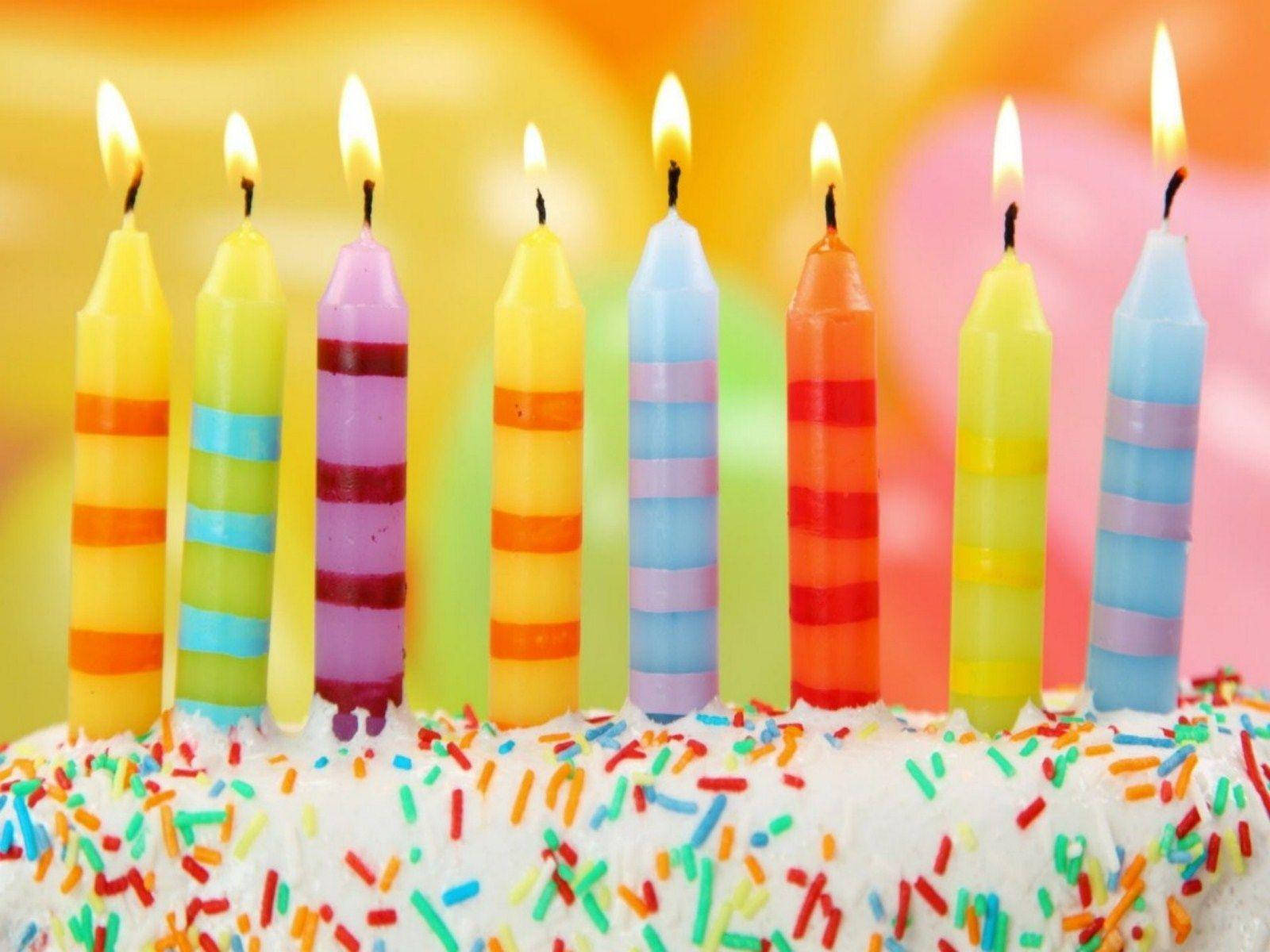 colorful candles, happy birthday, white frosted cake, HD Desktop Wallpaper