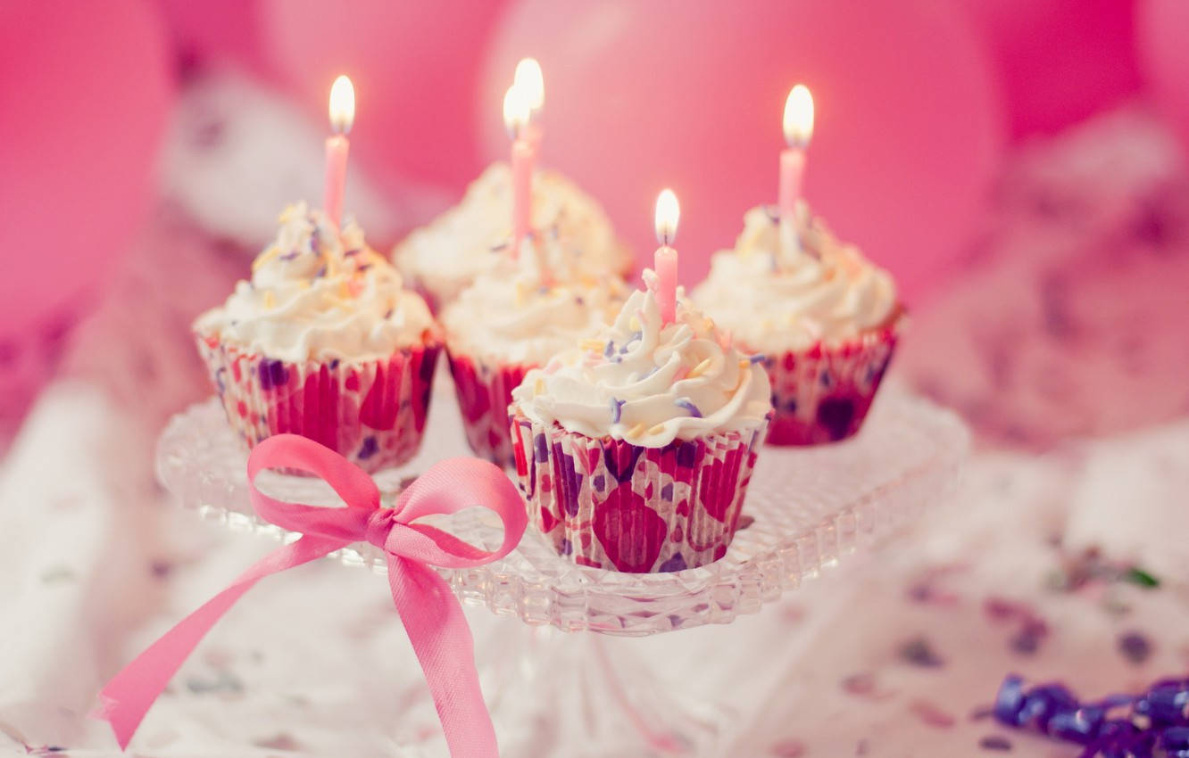 pink ribbon, birthday cake candles, cupcakes, HD Desktop Wallpaper