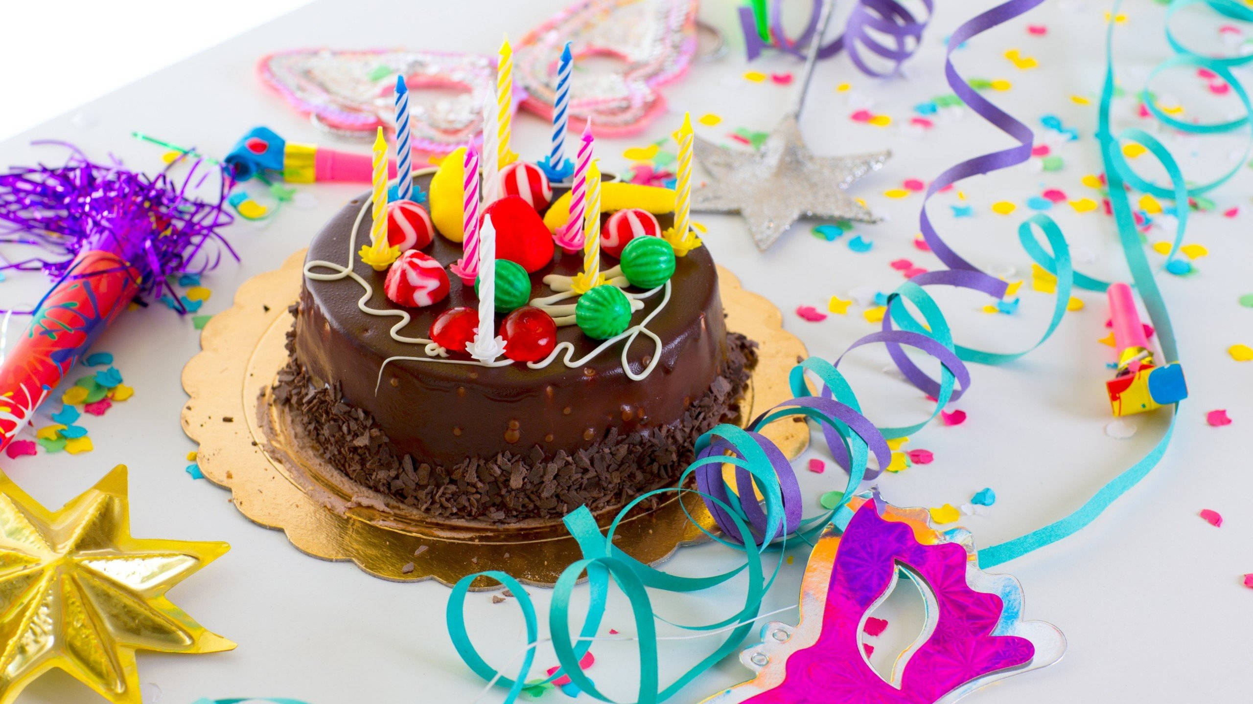 birthday cake, colorful candies, candles, 2K Desktop Wallpaper