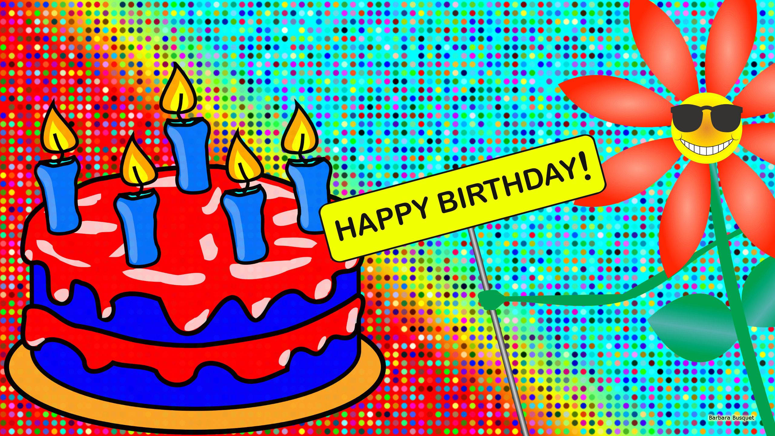 Happy Birthday Cartoon Cake, lit candles, smiling flower, 2K Desktop Wallpaper