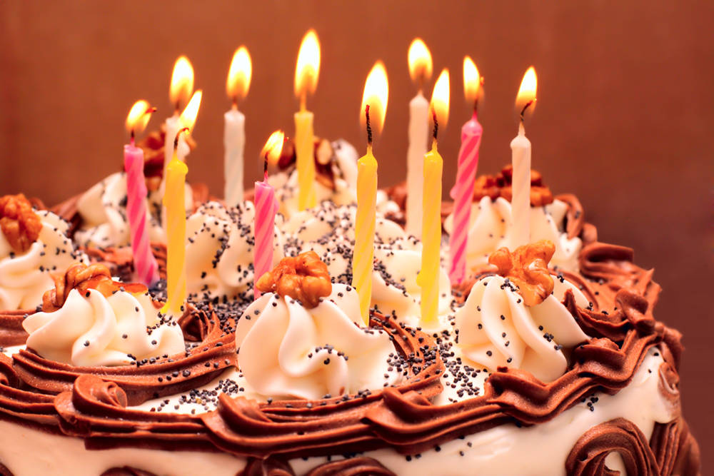 pecan birthday cake, chocolate cake, lit candles, SD Desktop Wallpaper
