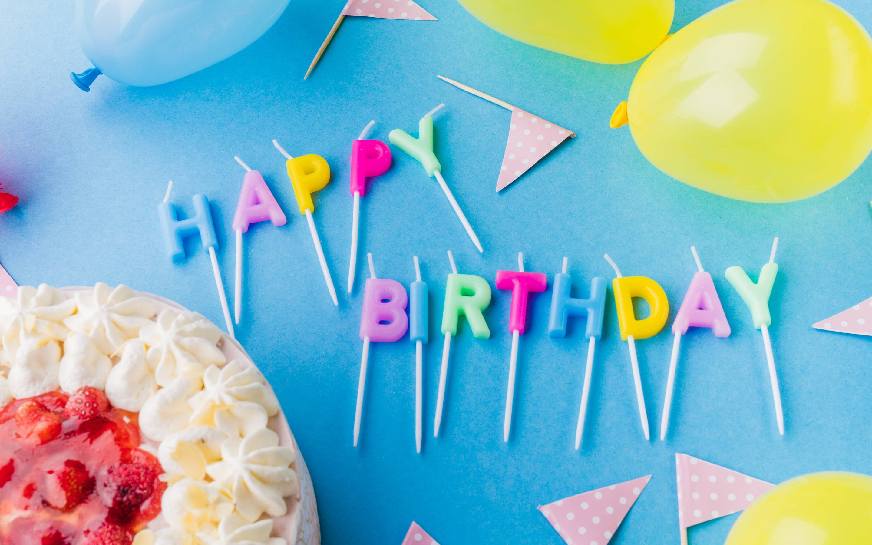 birthday candles, strawberry cake, blue surface, 2K Desktop Wallpaper