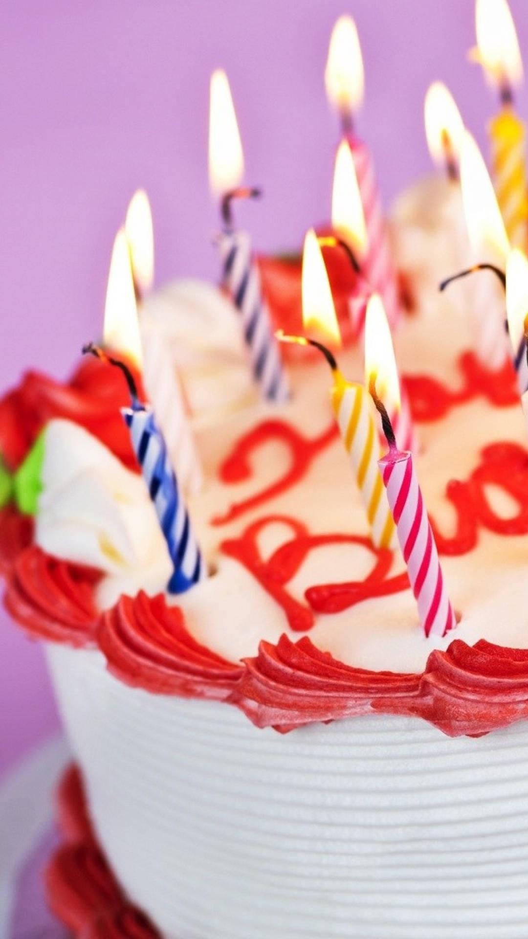 birthday cake, lit candles, red frosting writing, Full HD Phone Wallpaper