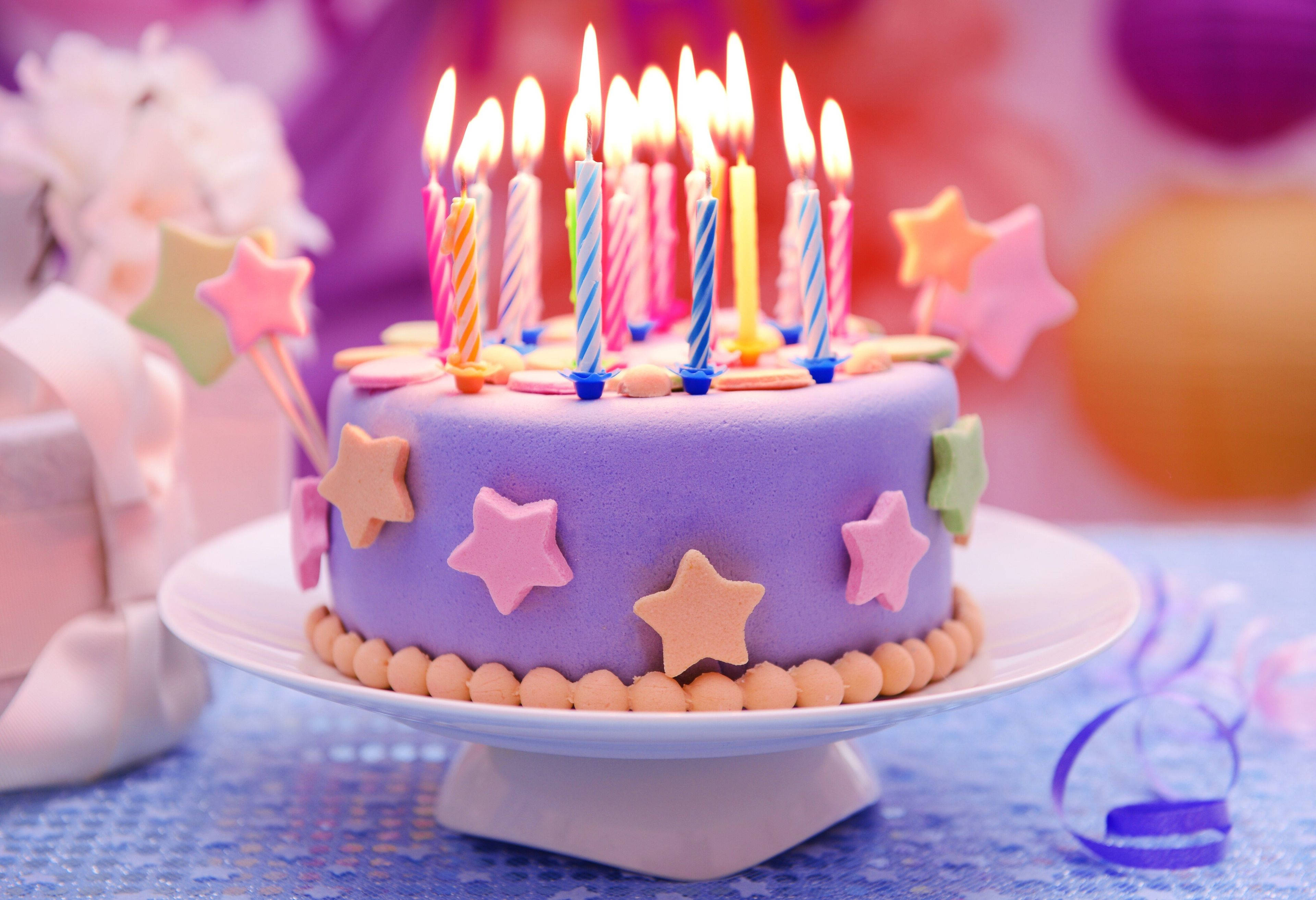 birthday cake, vibrant purple, colorful star decorations, 4K Desktop Wallpaper