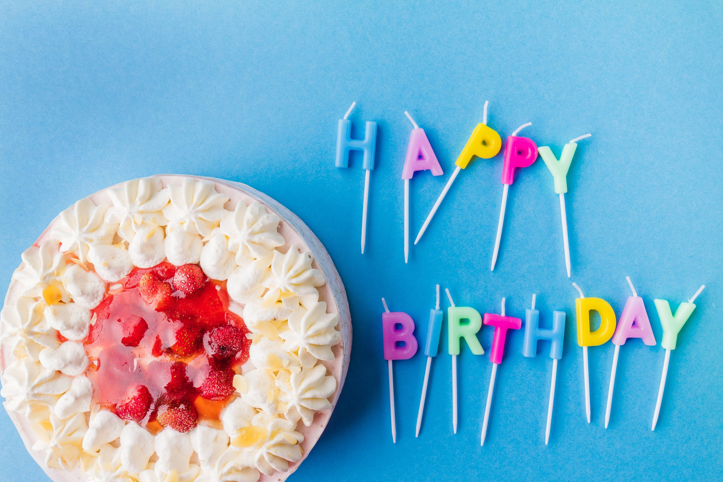 Strawberry White Birthday Cake Candles, round birthday cake, whipped cream, Full HD Desktop Wallpaper