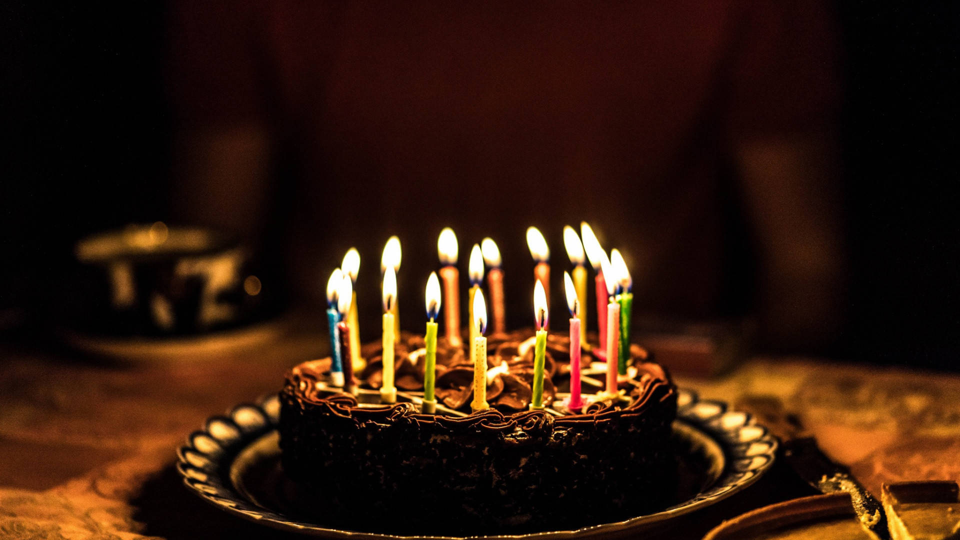 It's My Birthday Round Cake, chocolate birthday cake, colorful lit candles, Full HD Desktop Wallpaper