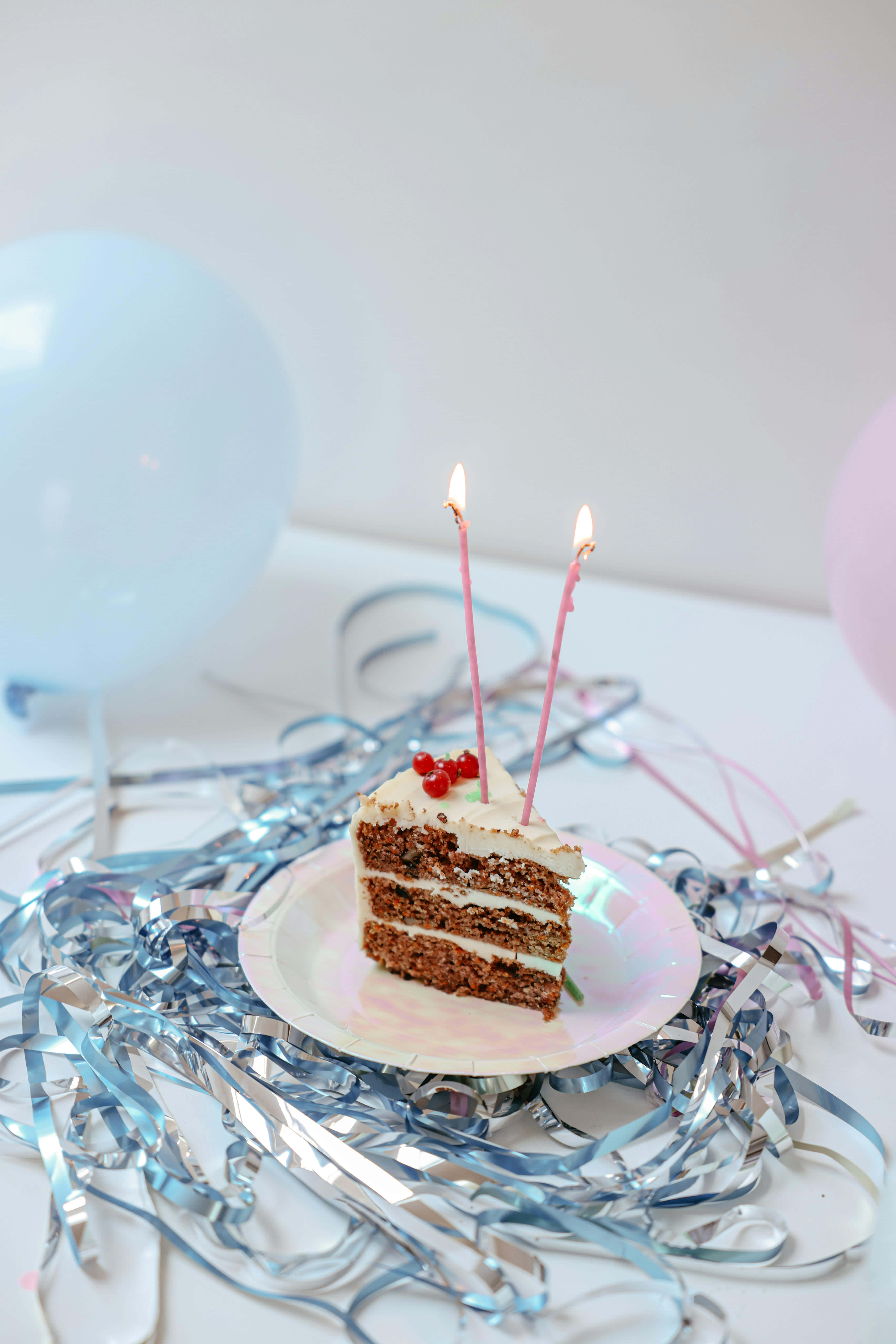 birthday cake slice with candles, carrot cake, pink candles, 8K Phone Wallpaper