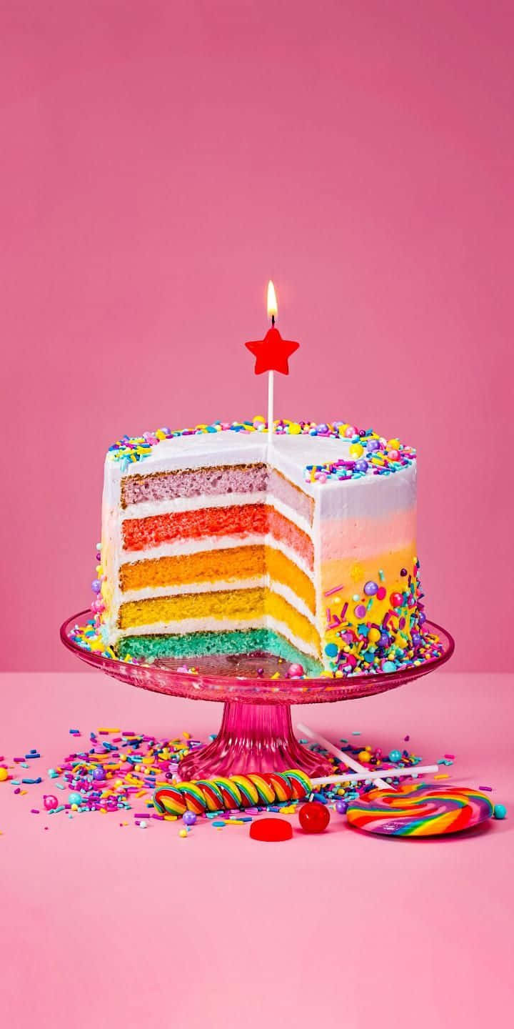 colorful birthday cake, lit red star candle, pink stand, HD Phone Wallpaper