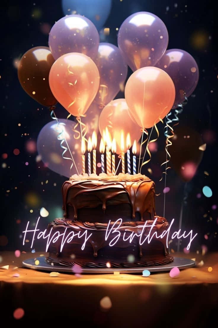 birthday cake, lit candles, colorful balloons, SD Phone Wallpaper