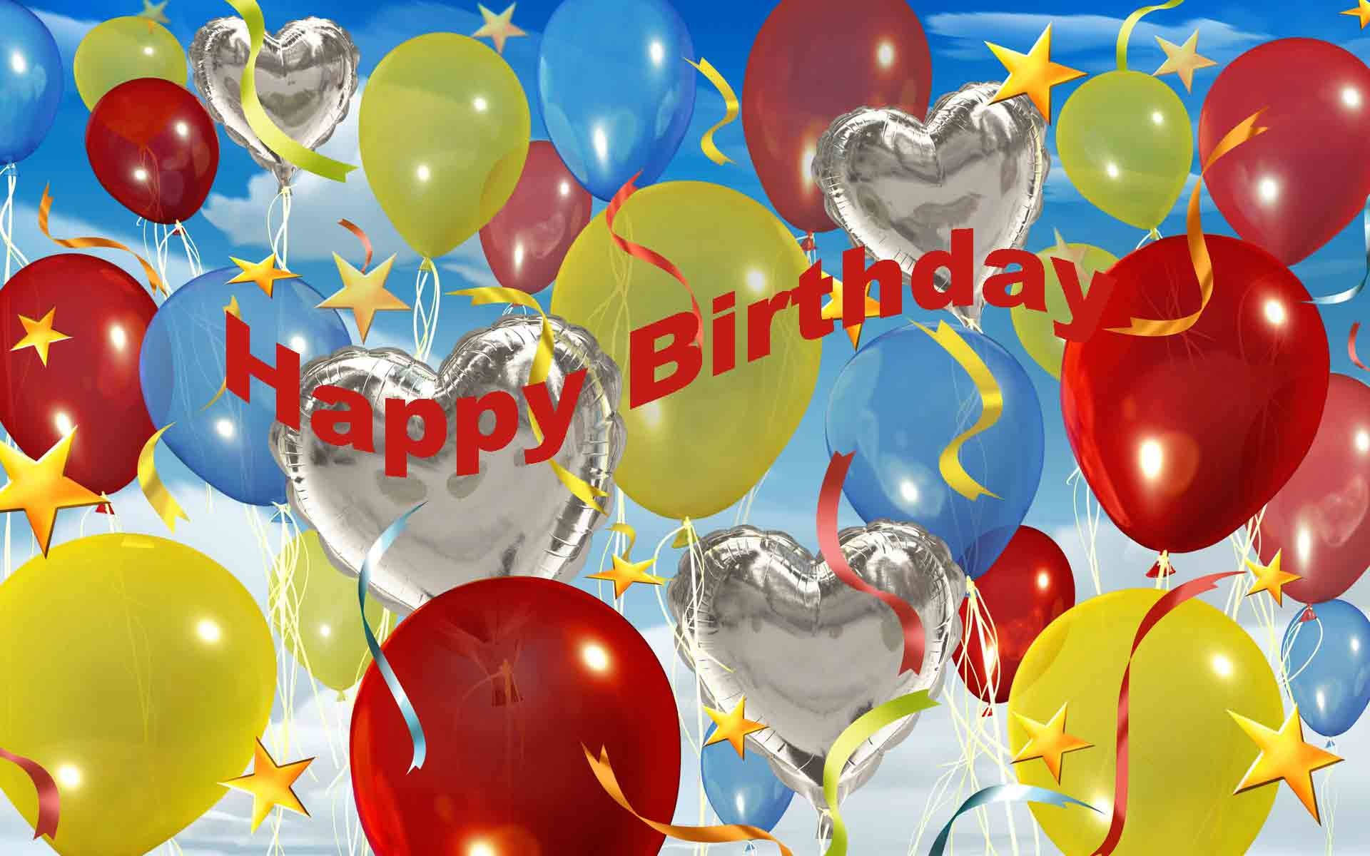 red yellow and blue balloons, silver hearts and stars, bright blue sky, Full HD Desktop Wallpaper