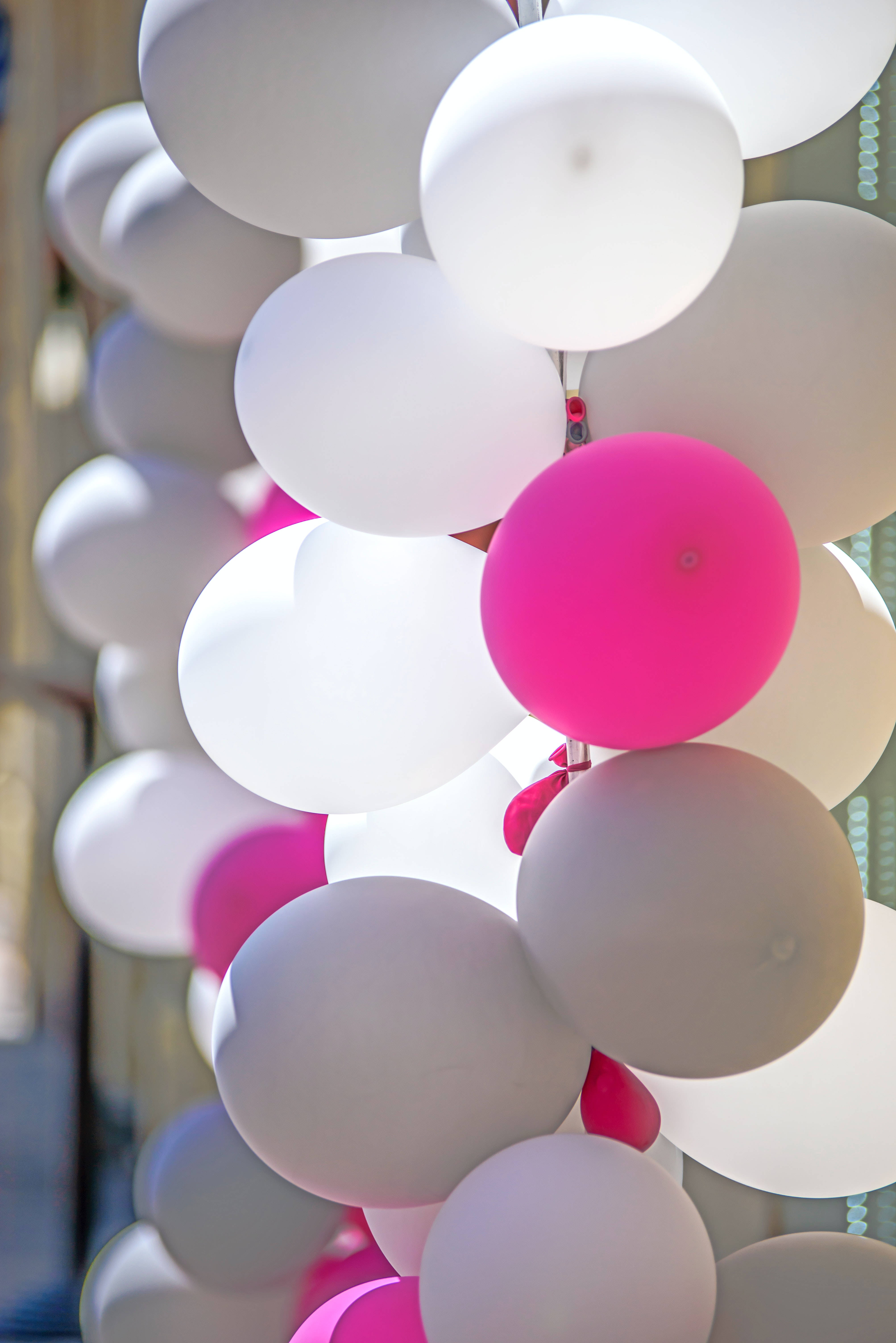white balloons, vibrant pink balloons, gray balloons, 5K Phone Wallpaper