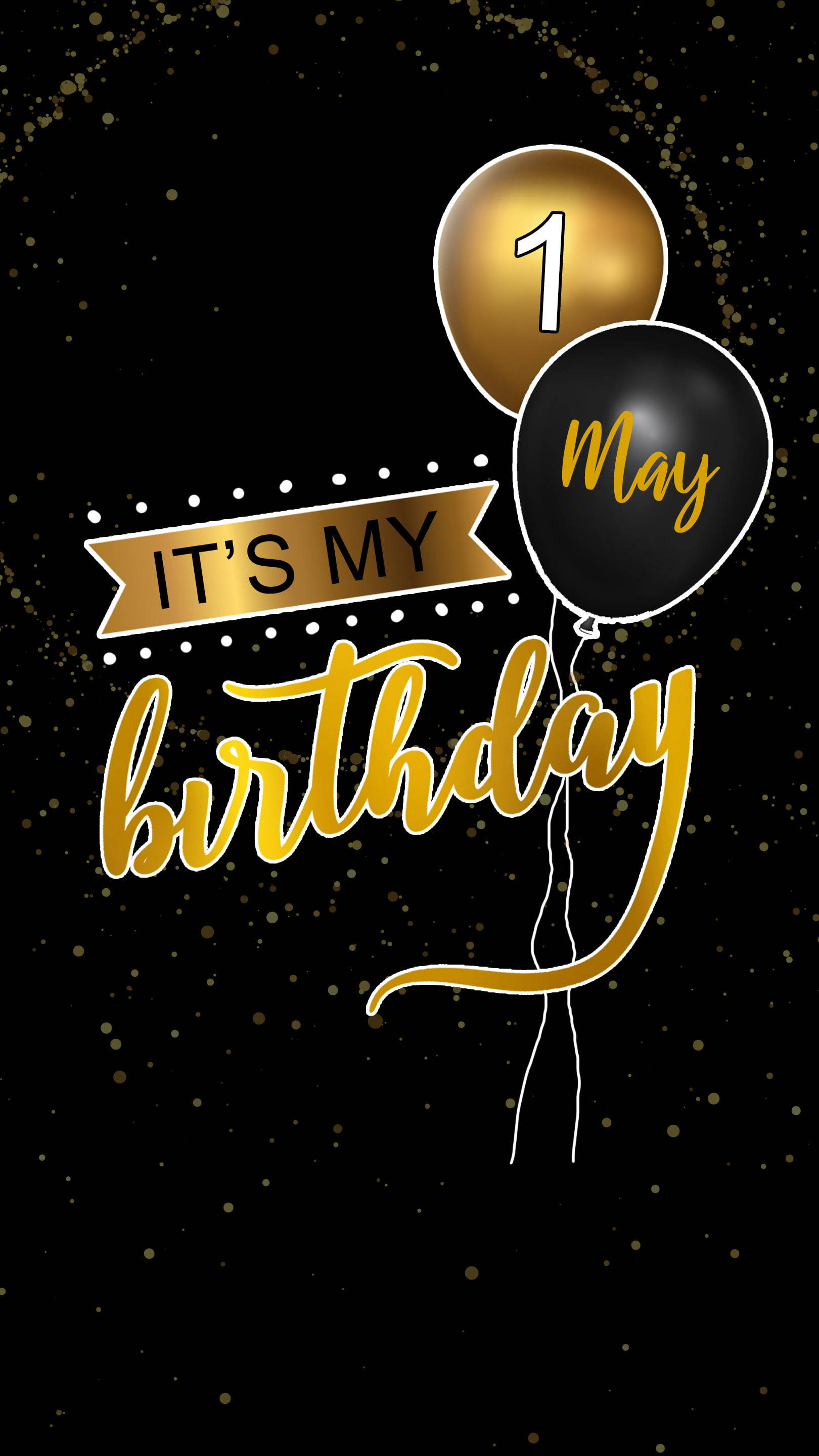 May 1st, golden balloons, glittery text, 2K Phone Wallpaper
