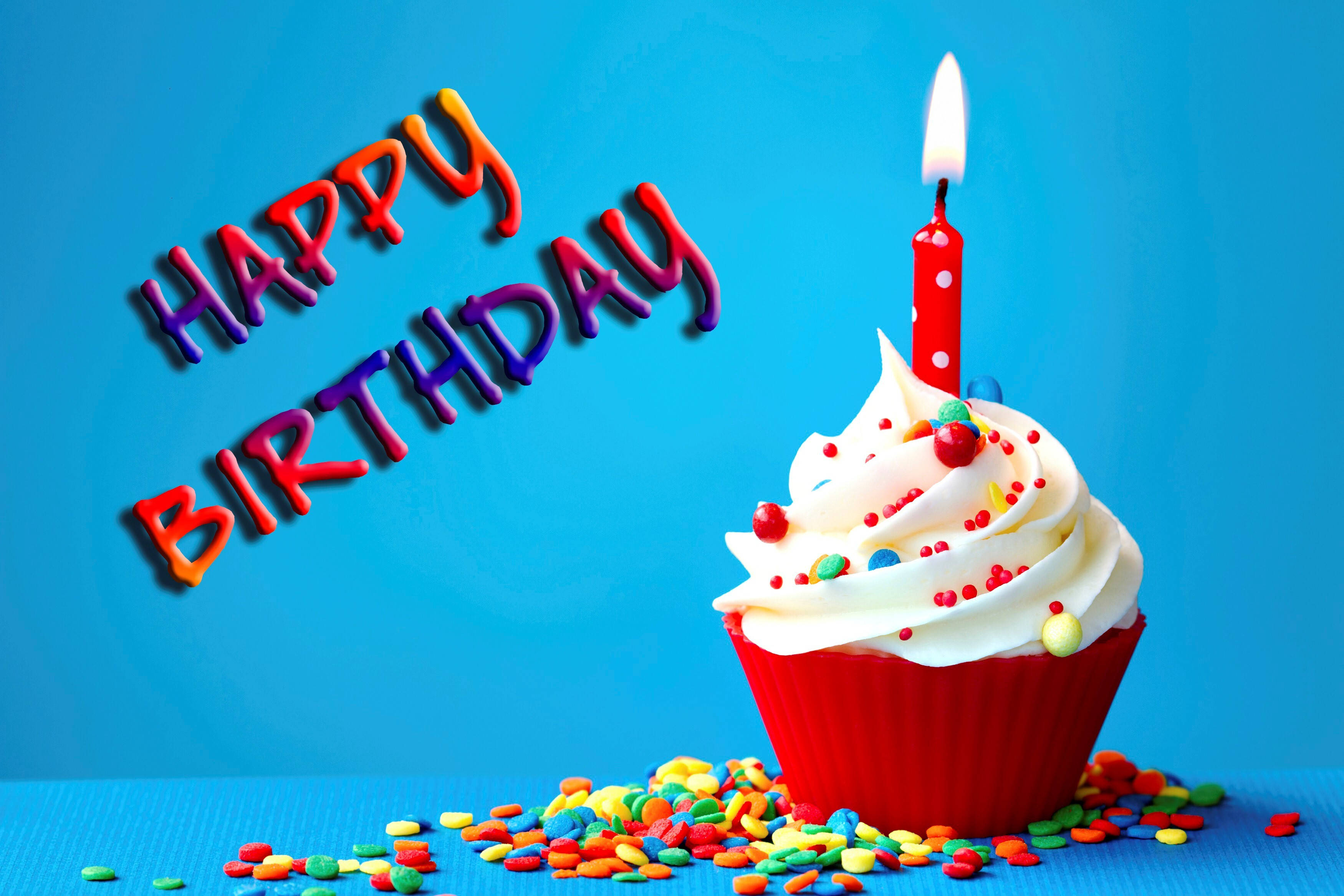 red happy birthday cake candles, white frosting, single lit candle, 2K Desktop Wallpaper