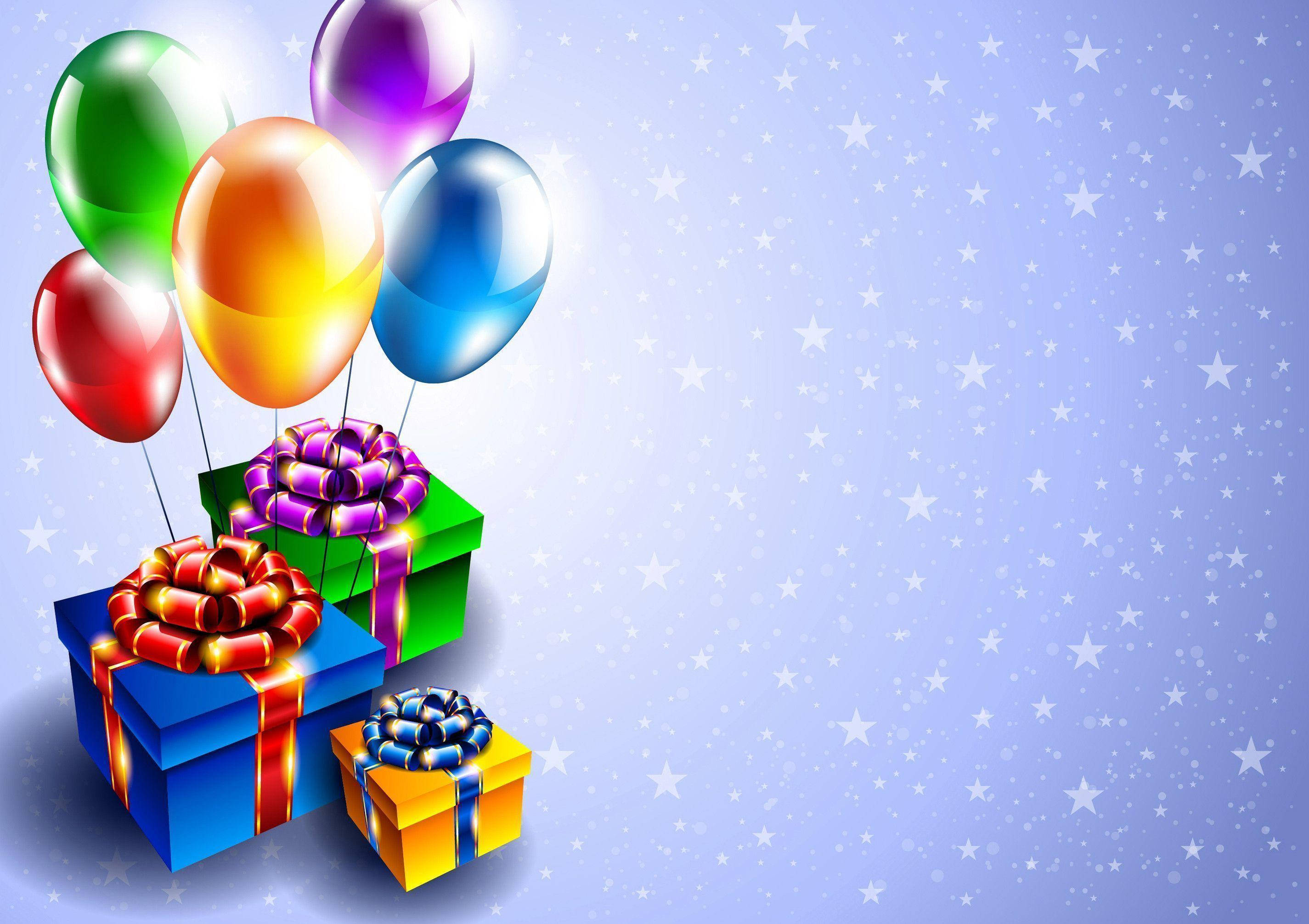 glossy bows, colorful balloons, starry blue background, 2K Desktop Wallpaper