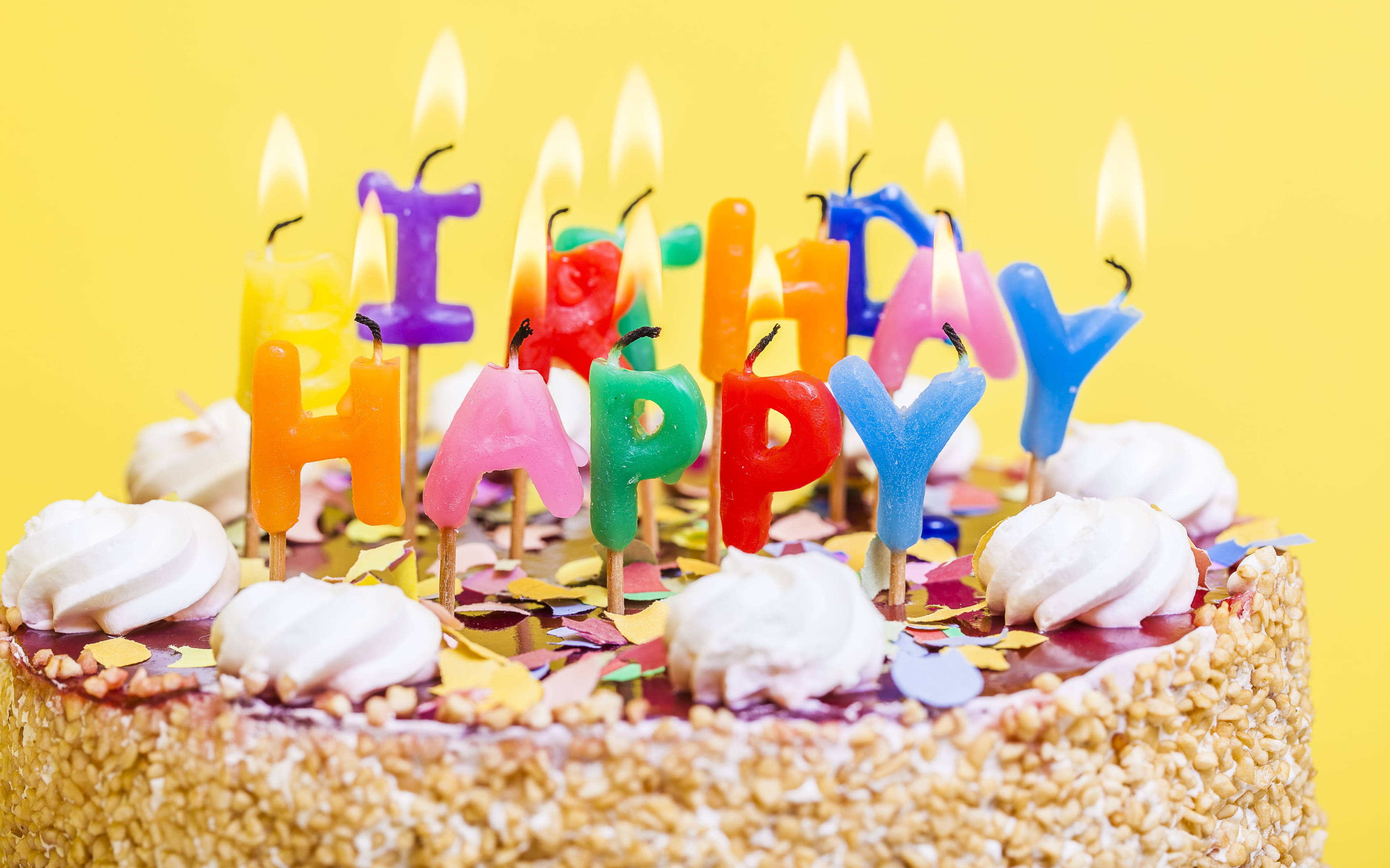 HAPPY, colorful letter candles, birthday cake, 4K Desktop Wallpaper