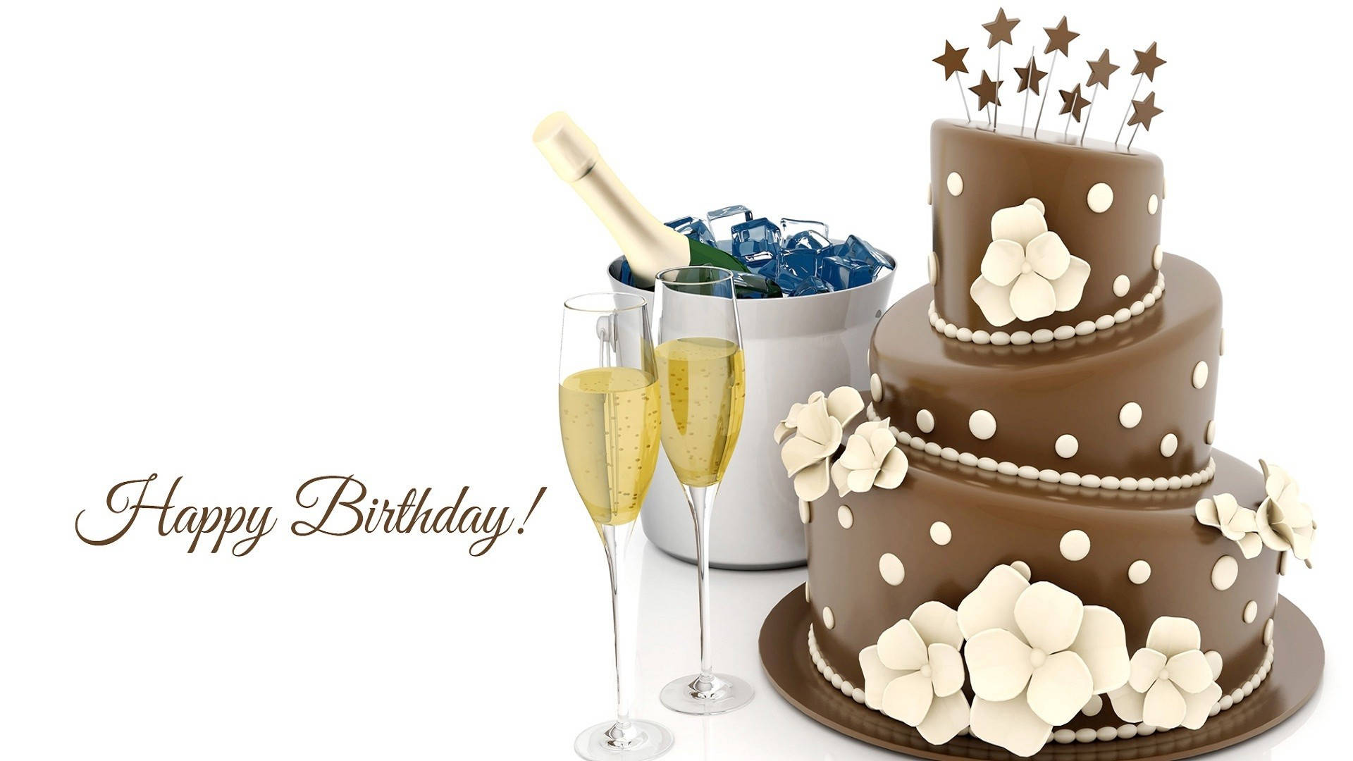birthday chocolate cake, three-tiered chocolate birthday cake, white flowers, Full HD Desktop Wallpaper