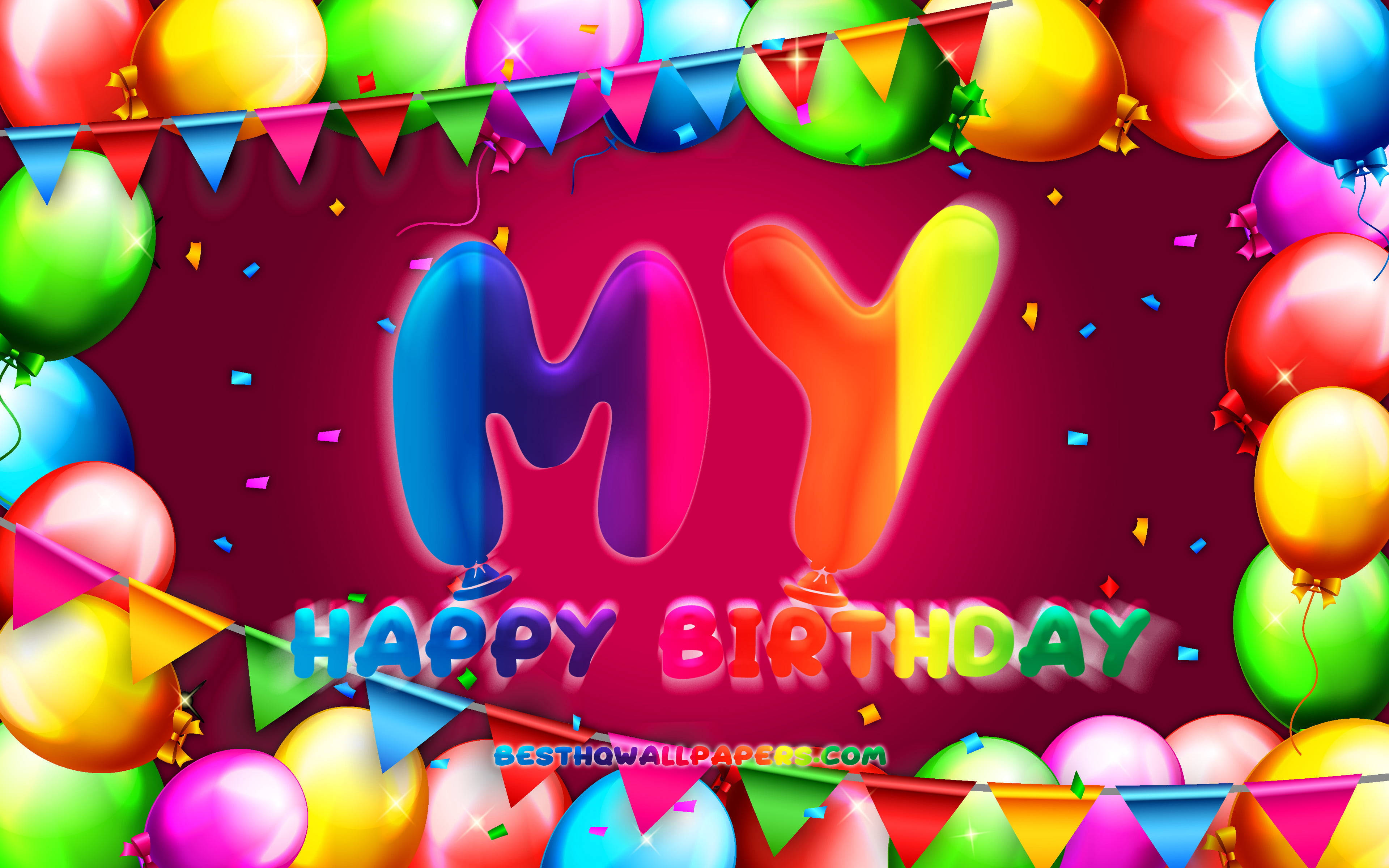 colorful balloons, banners, confetti, 4K Desktop Wallpaper