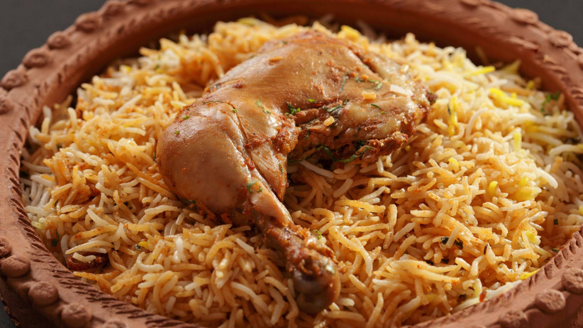 chicken leg, fragrant yellow rice, rustic terracotta bowl, Full HD Desktop Wallpaper