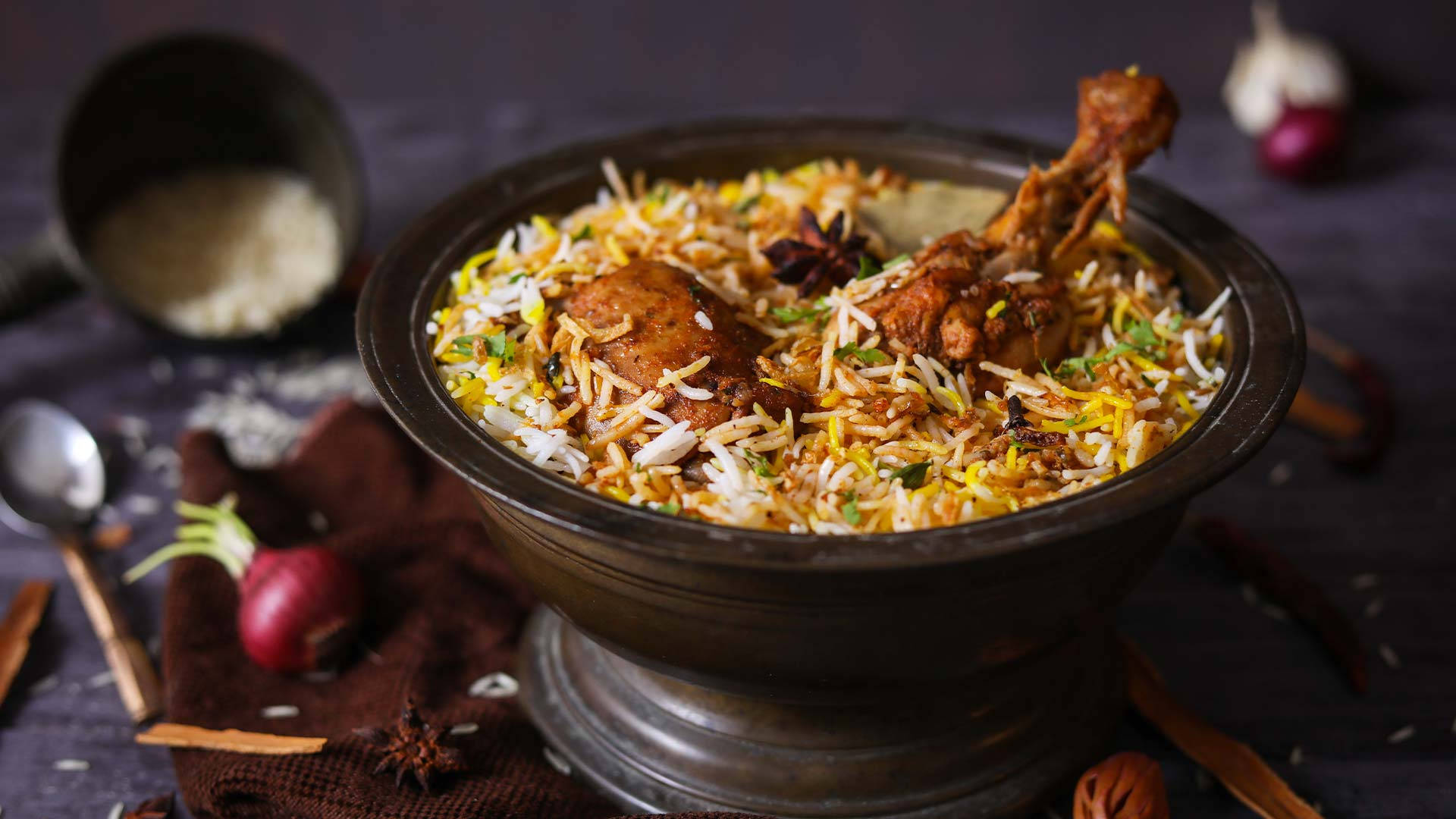 chicken biryani, iron dish, saffron rice, Full HD Desktop Wallpaper