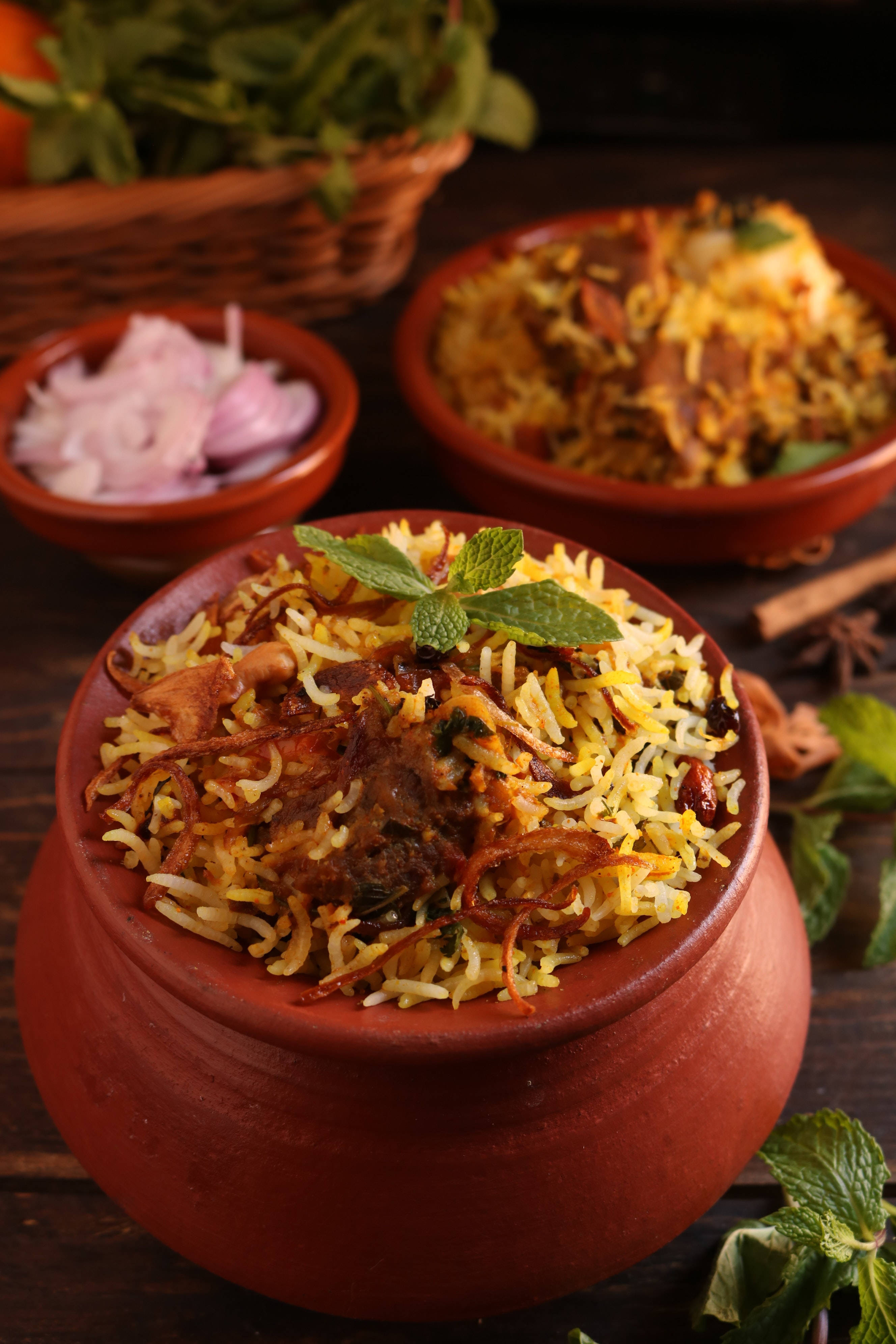 clay pot, aromatic biryani, mint leaves, 4K Phone Wallpaper