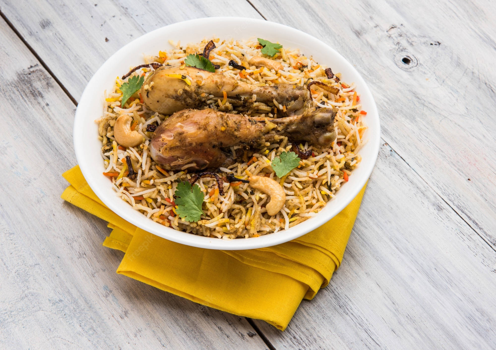 chicken biryani, white bowl, cashews, Full HD Desktop Wallpaper