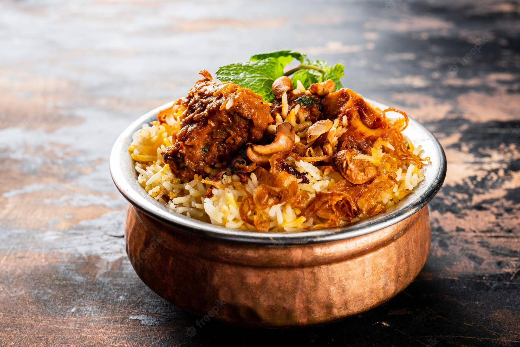 copper bowl, fragrant biryani, rich curry meat, Full HD Desktop Wallpaper