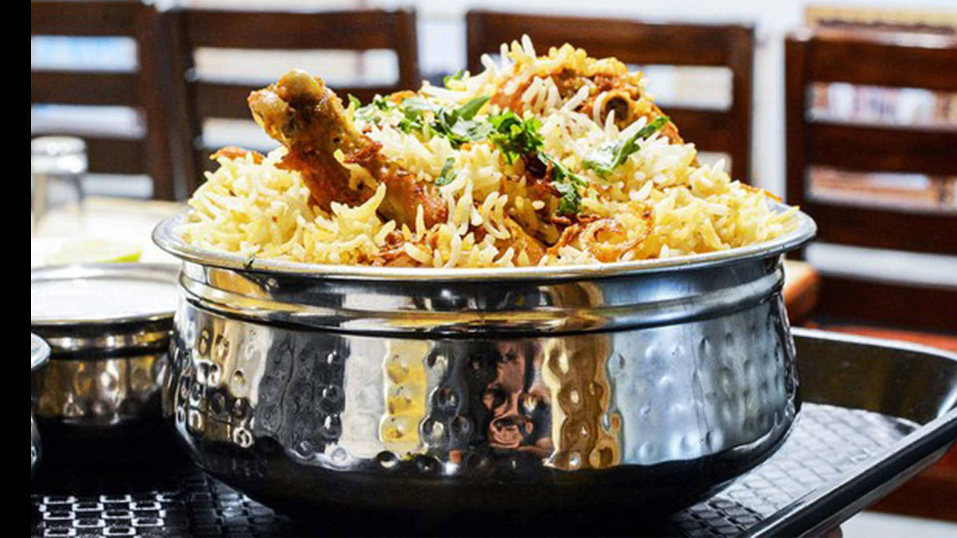 biryani, silver bowl, hammered metal dish, Full HD Desktop Wallpaper