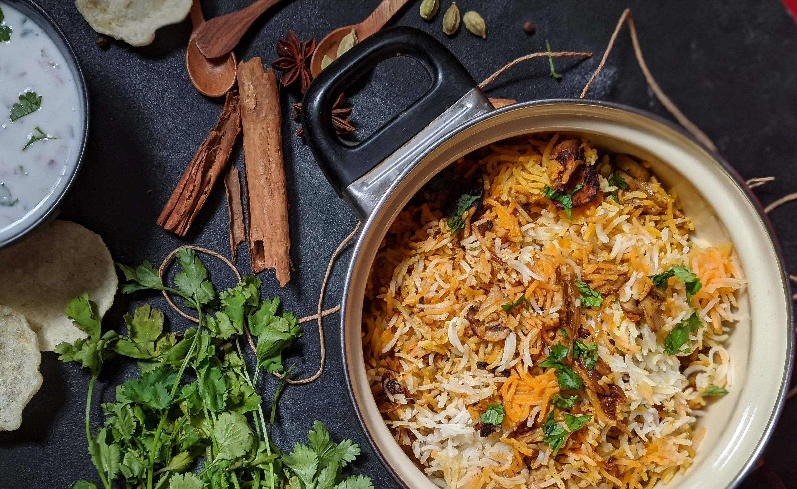 biryani rice, saffron strands, fresh cilantro, 2K Desktop Wallpaper