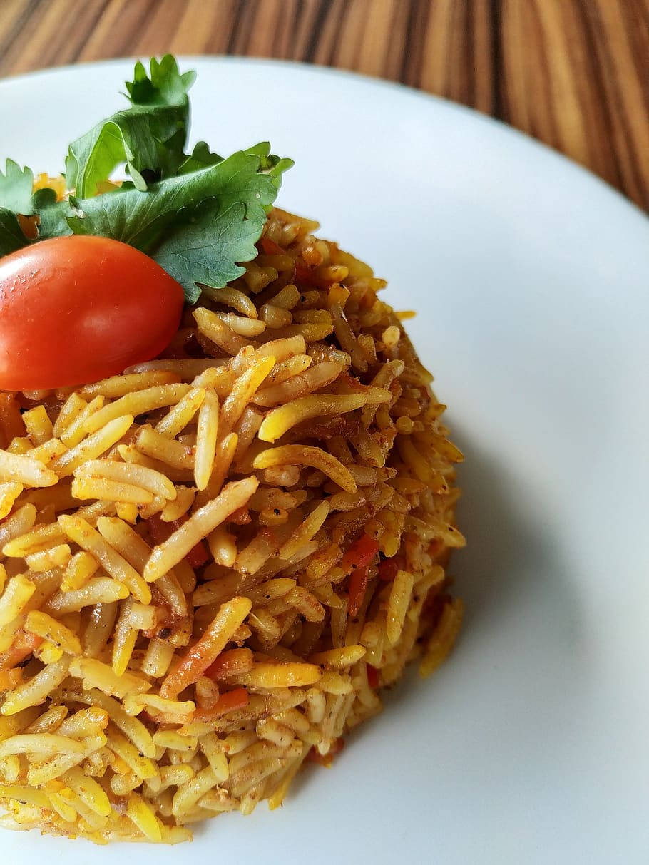 biryani, golden spiced rice, cherry tomato, SD Phone Wallpaper