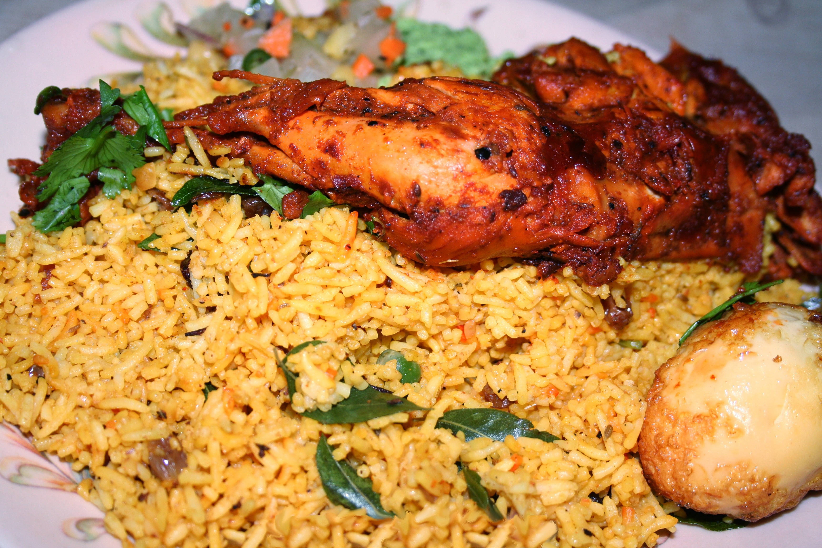 chicken biryani, golden turmeric rice, spiced chicken, 2K Desktop Wallpaper