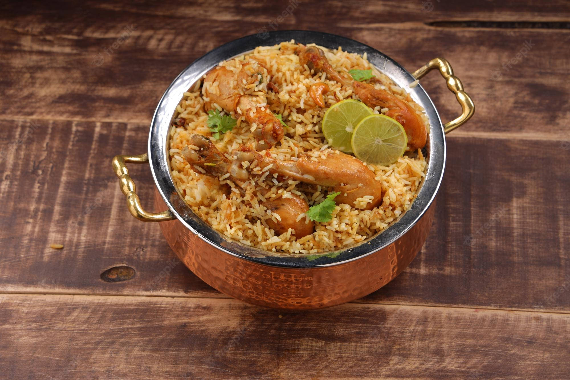 copper pot, aromatic chicken biryani, lime slices, Full HD Desktop Wallpaper