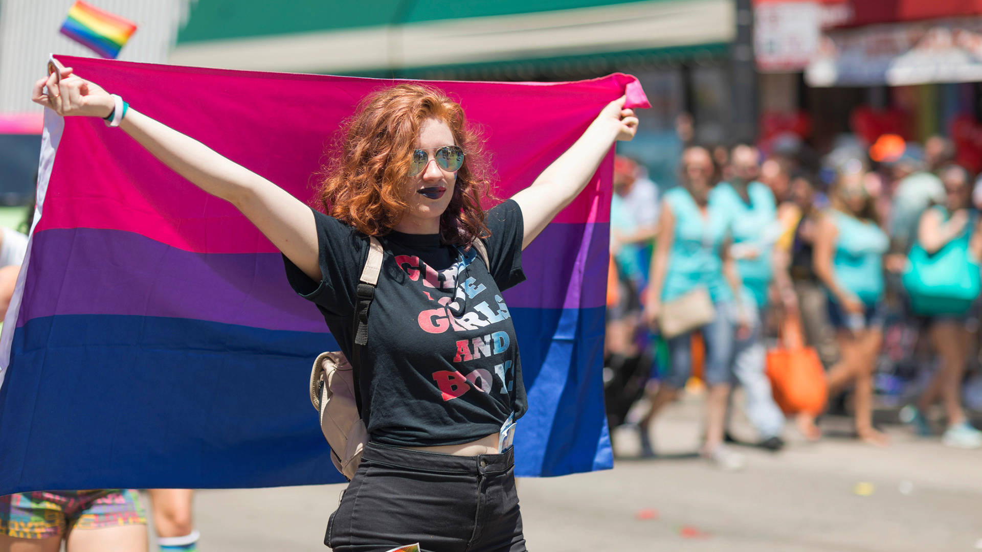 bisexual flag, parade, red hair, Full HD Desktop Wallpaper